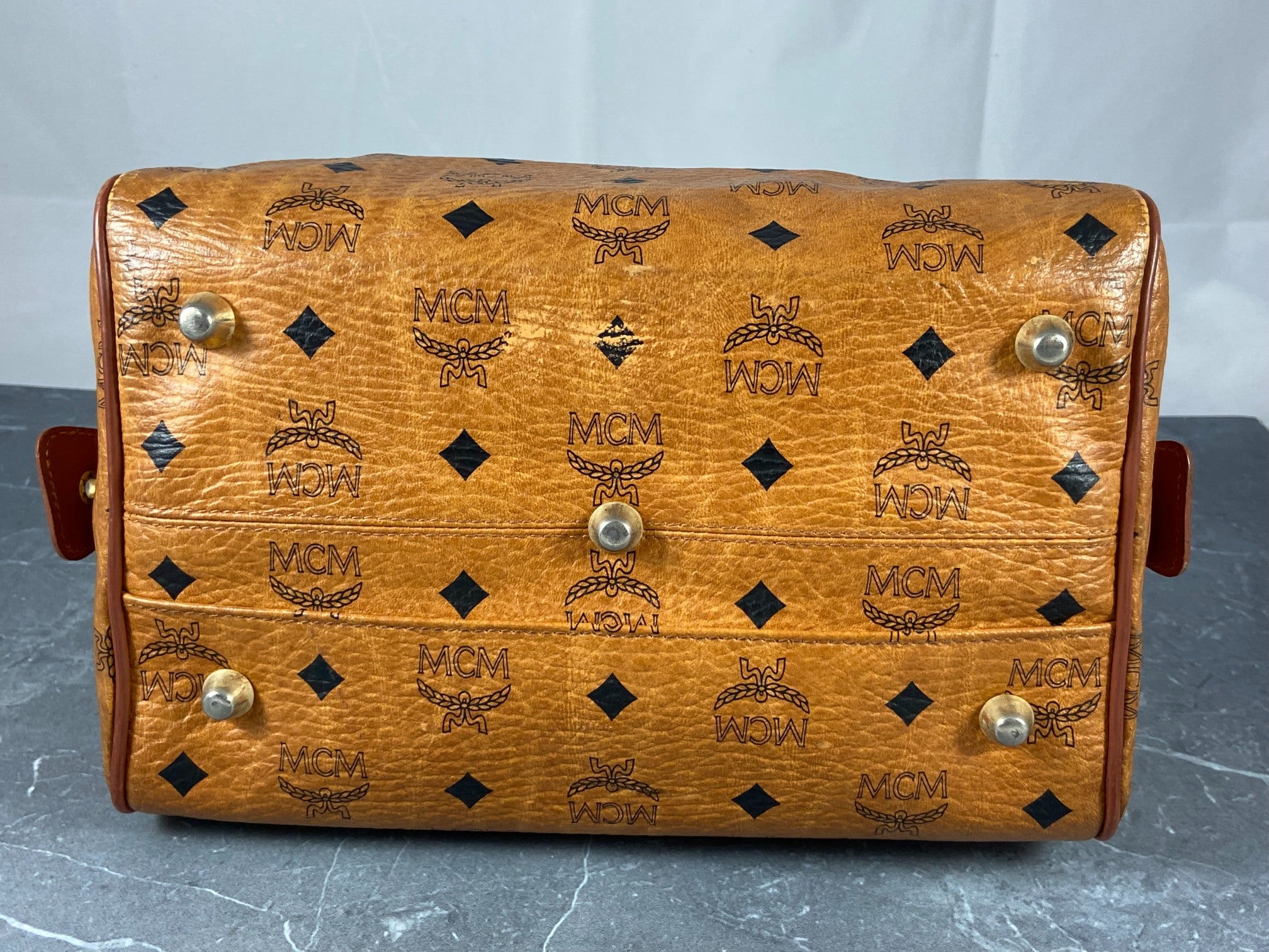 MCM Small Hand / Boston Bag Beige Visetos Cognac Monogram