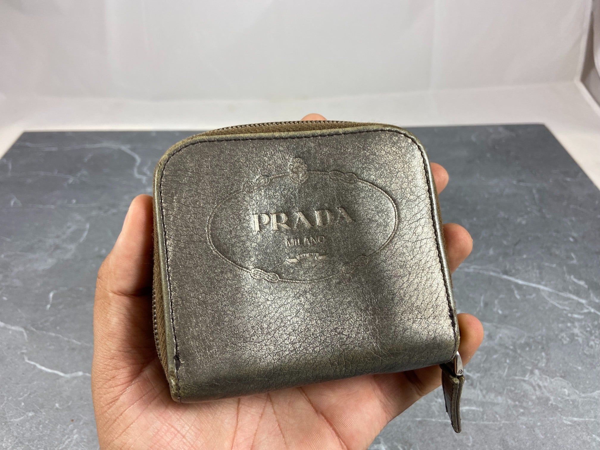 Prada Compact Zip Wallet Silver Leather