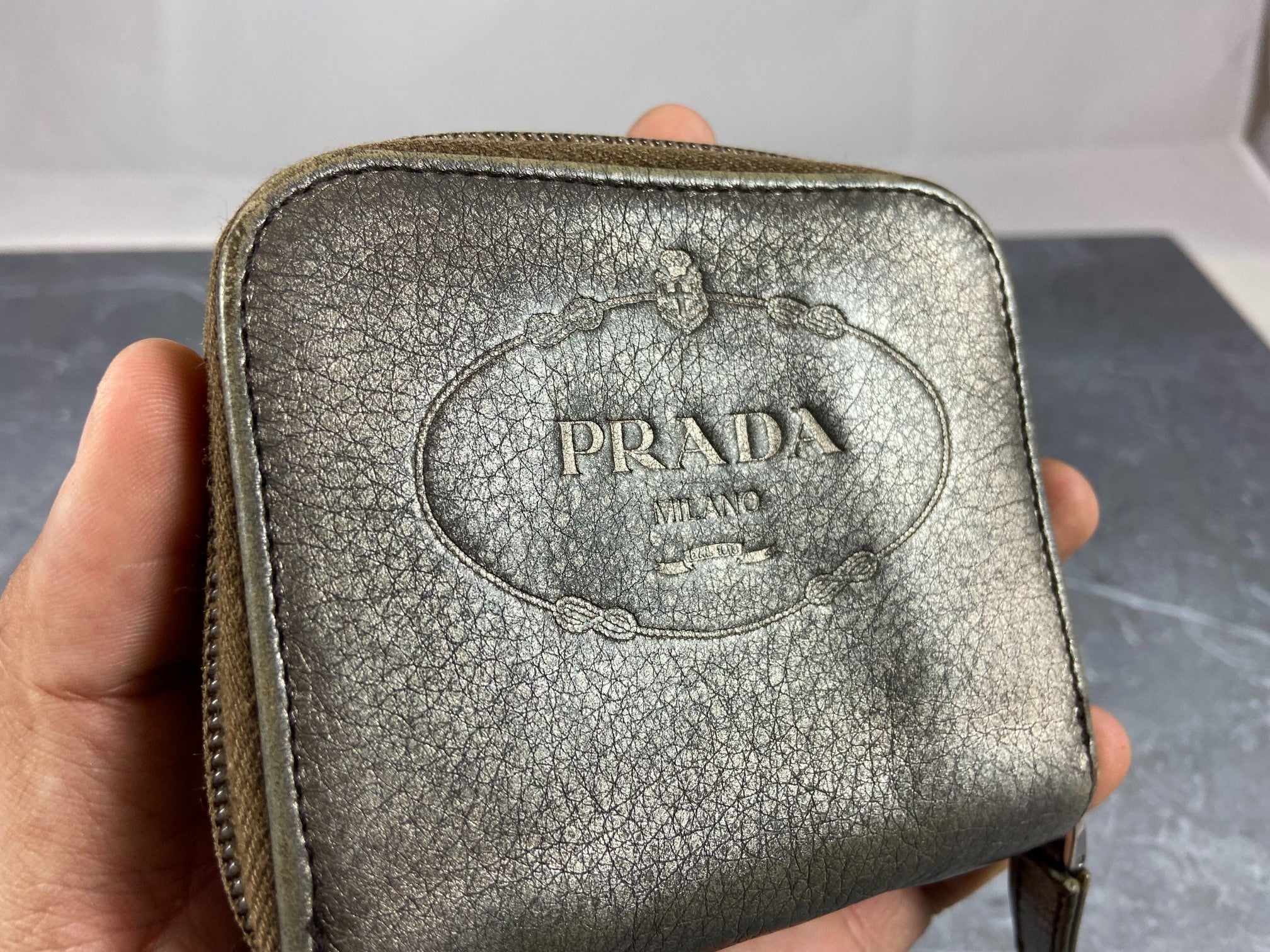 Prada Compact Zip Wallet Silver Leather