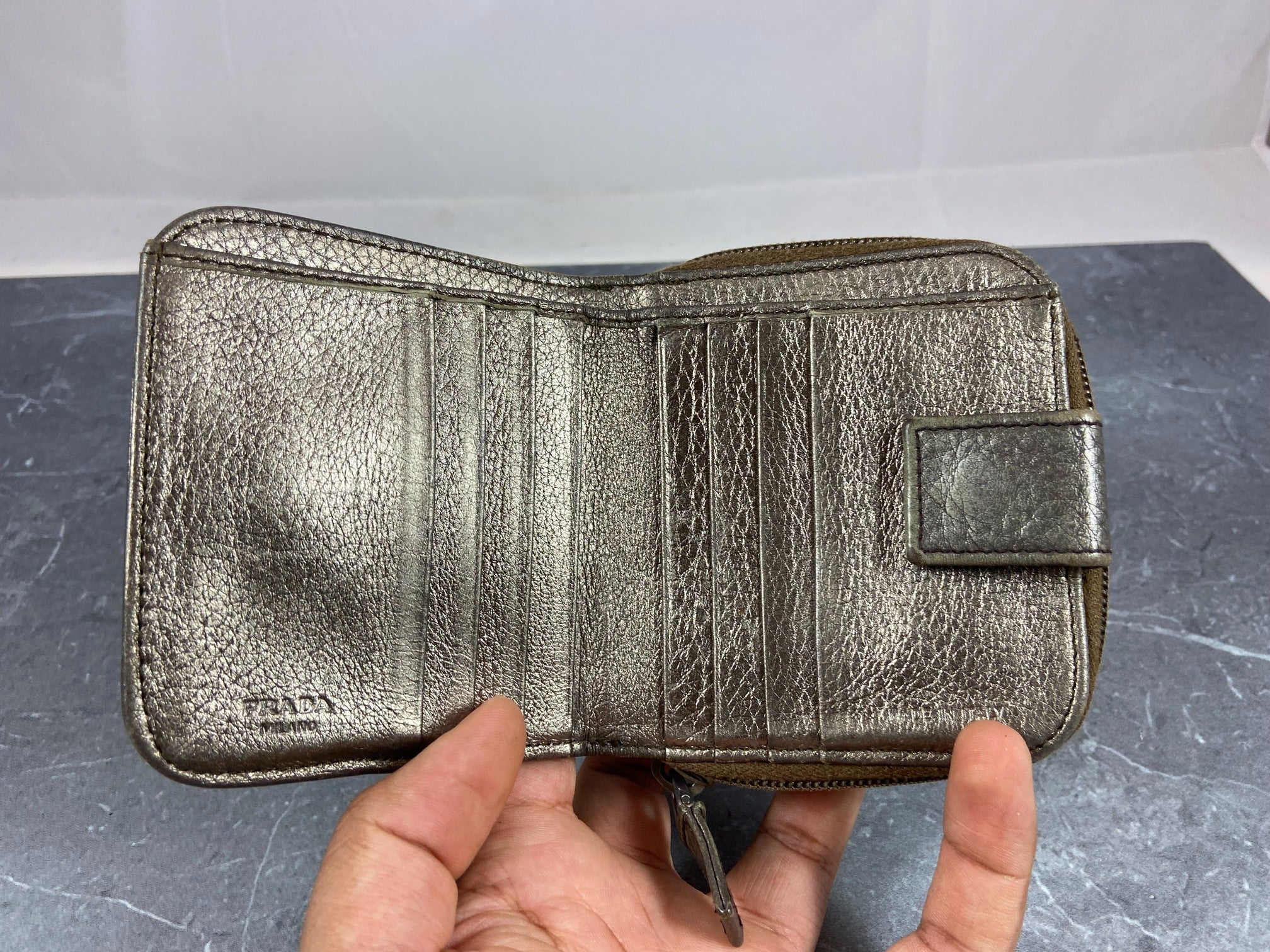 Prada Compact Zip Wallet Silver Leather