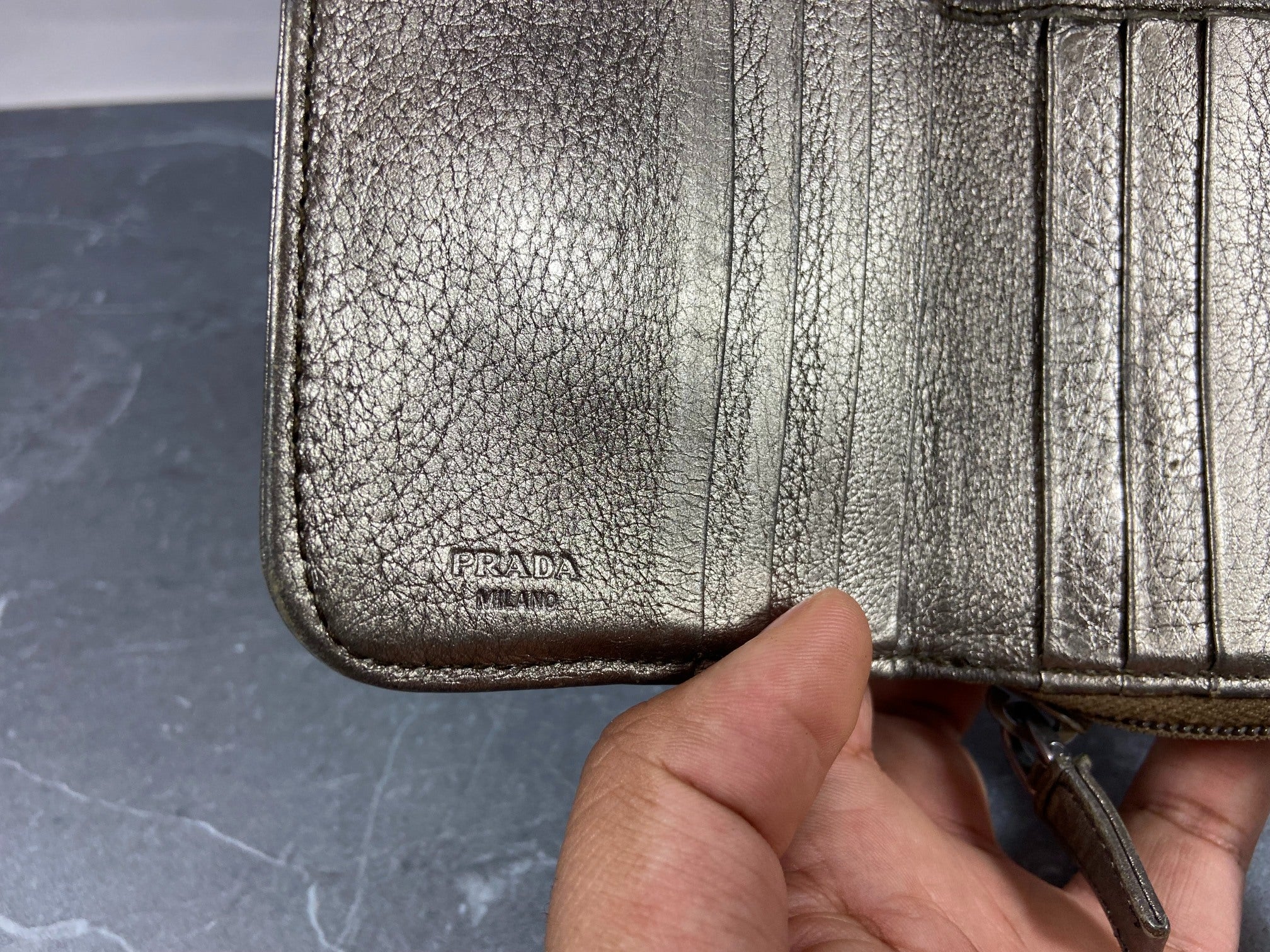 Prada Compact Zip Wallet Silver Leather