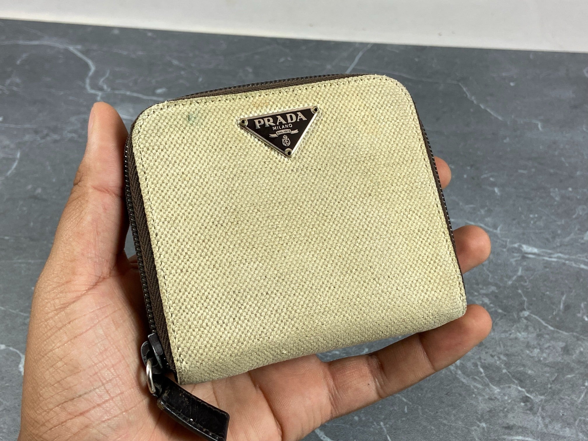 Prada Compact Zip Wallet Beige Canvas