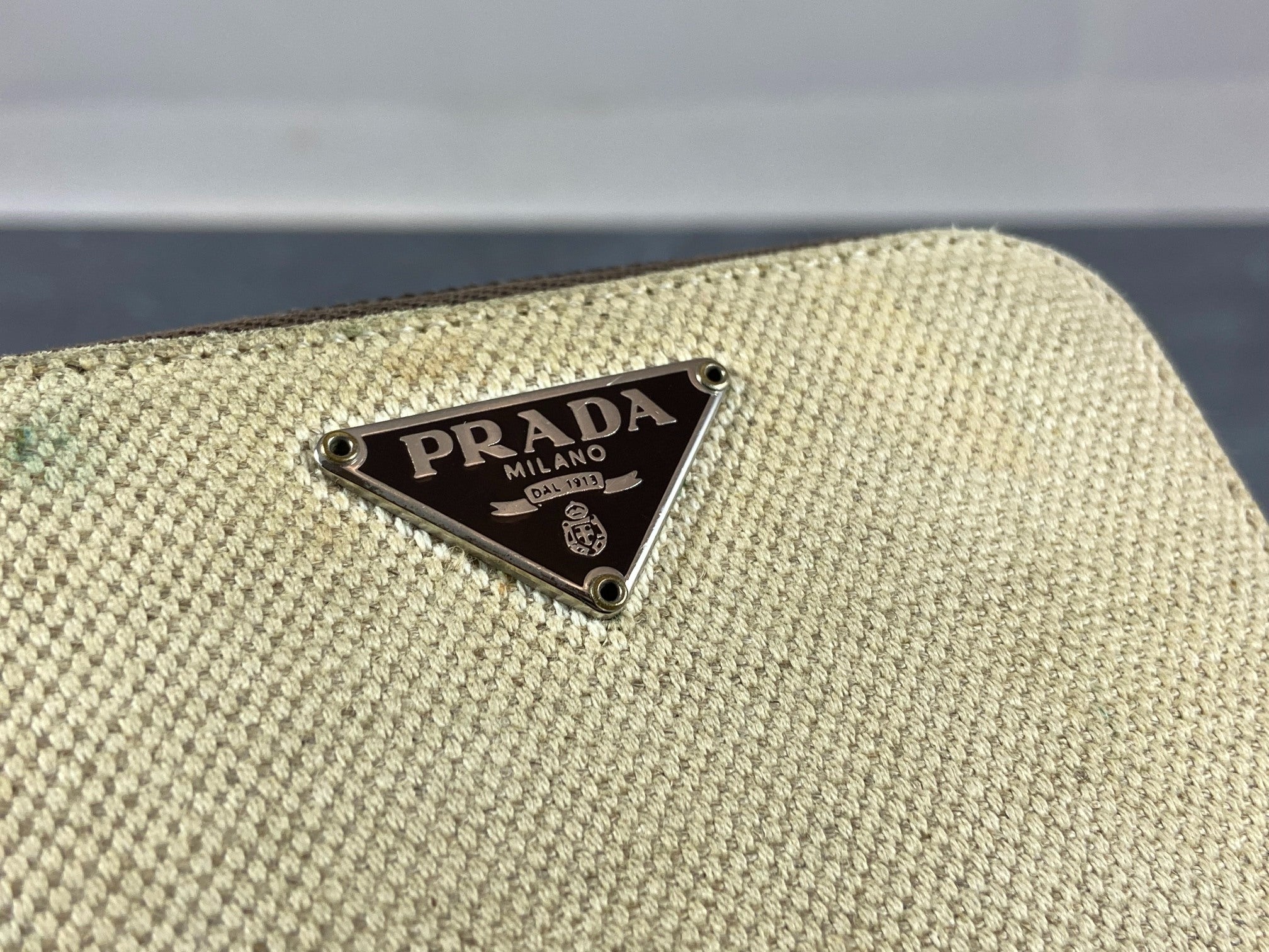 Prada Compact Zip Wallet Beige Canvas