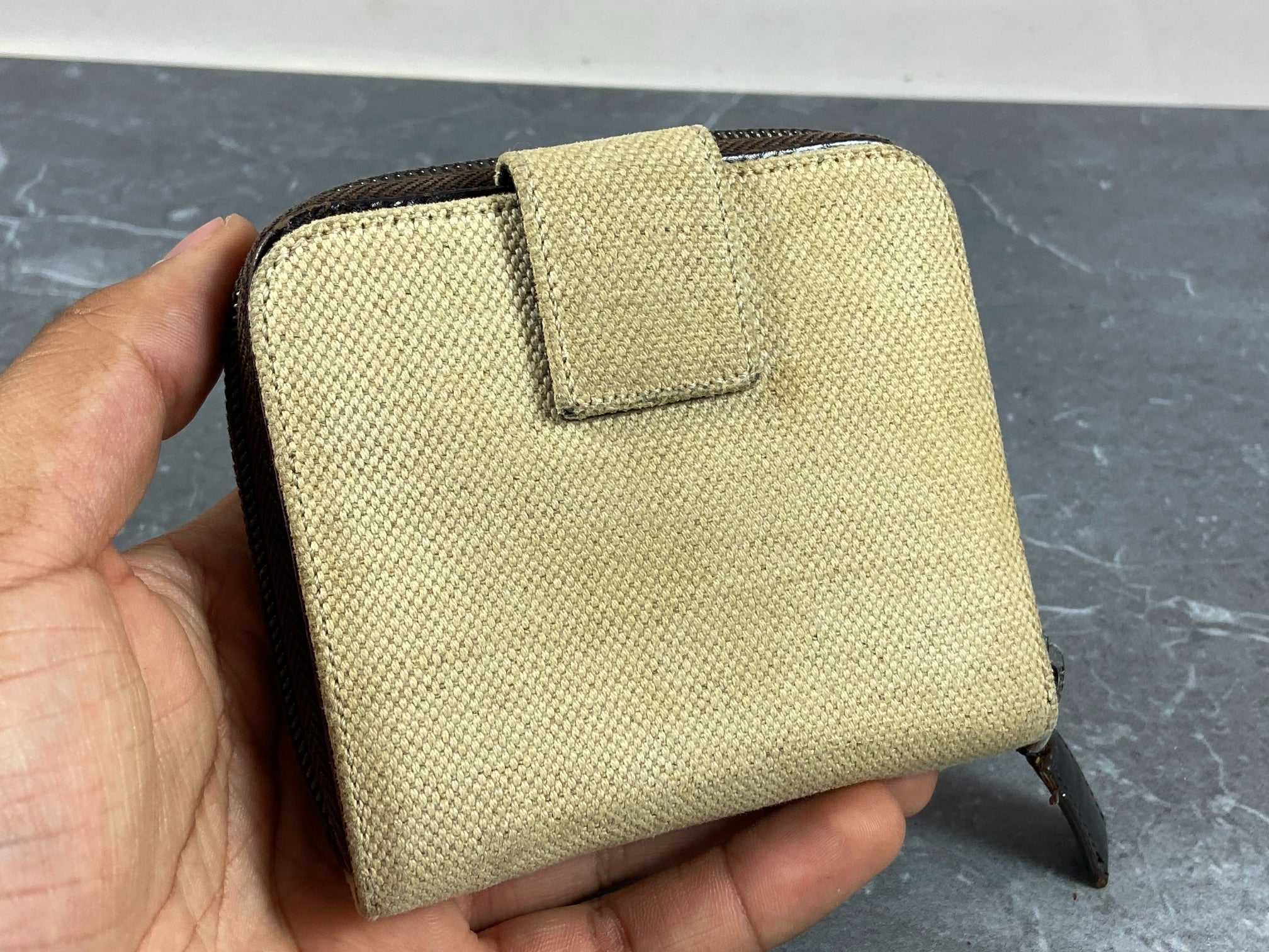 Prada Compact Zip Wallet Beige Canvas