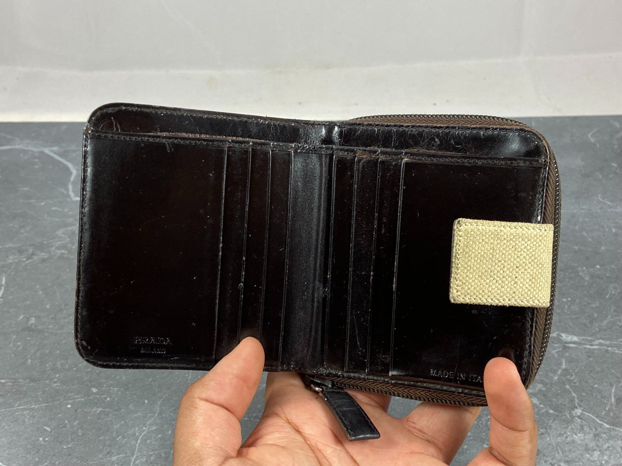 Prada Compact Zip Wallet Beige Canvas