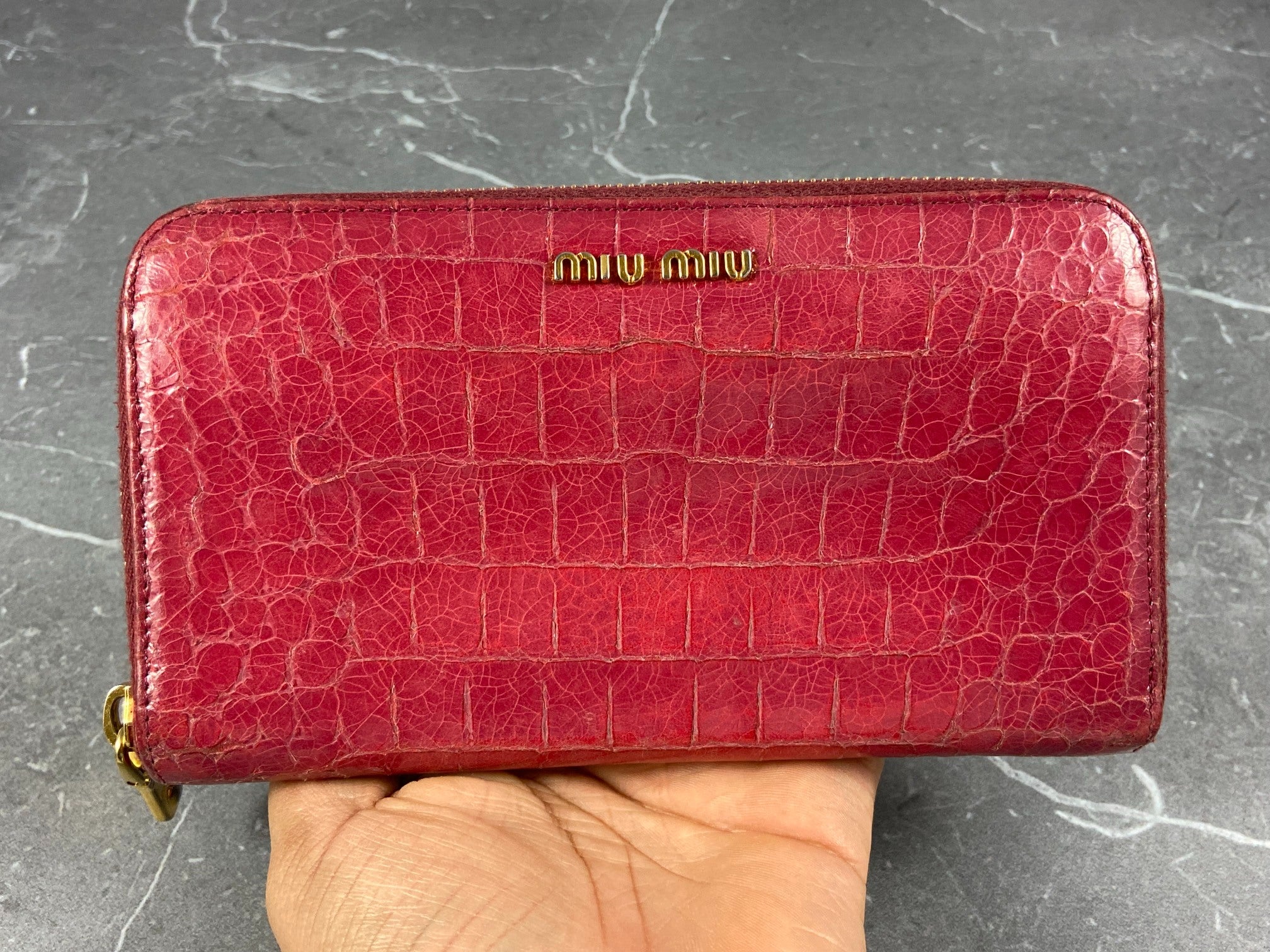 Miu Miu Long Zippy Wallet Pink Crocodile Pattern