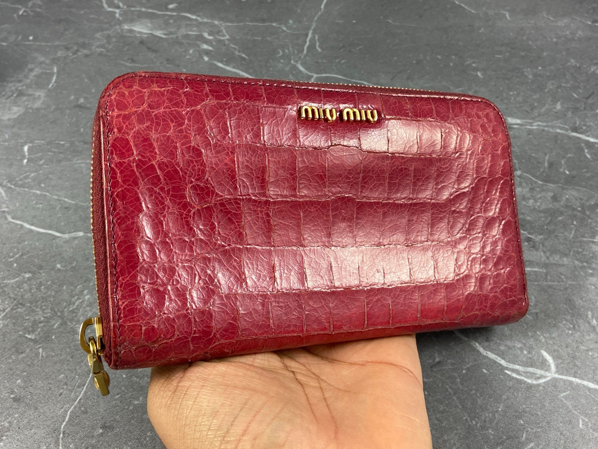 Miu Miu Long Zippy Wallet Pink Crocodile Pattern