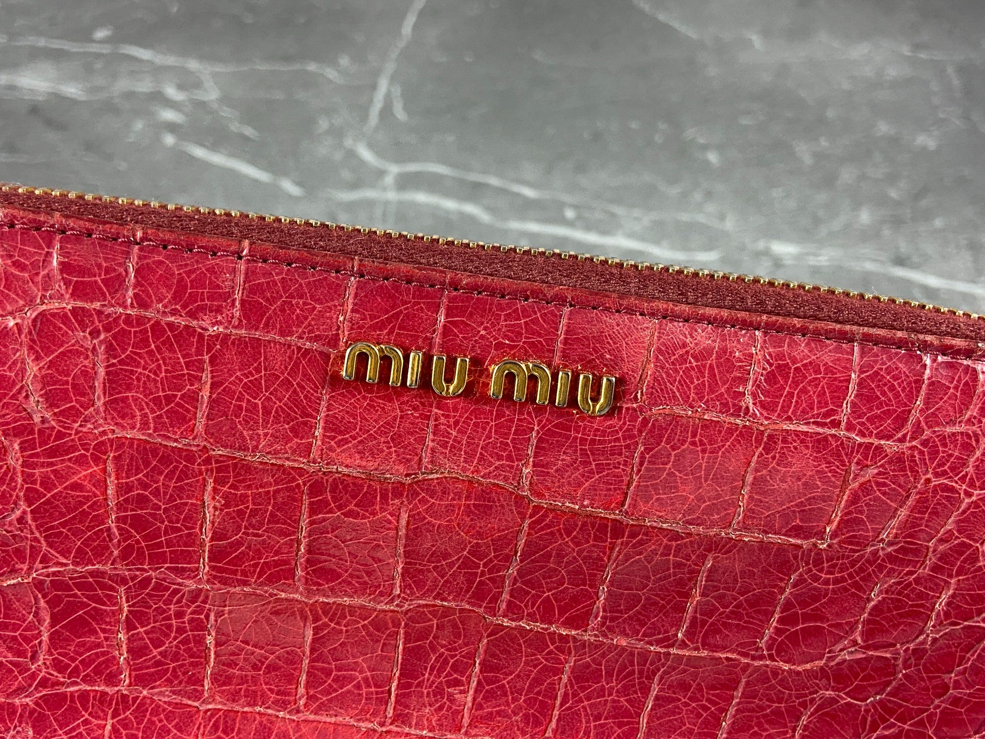 Miu Miu Long Zippy Wallet Pink Crocodile Pattern