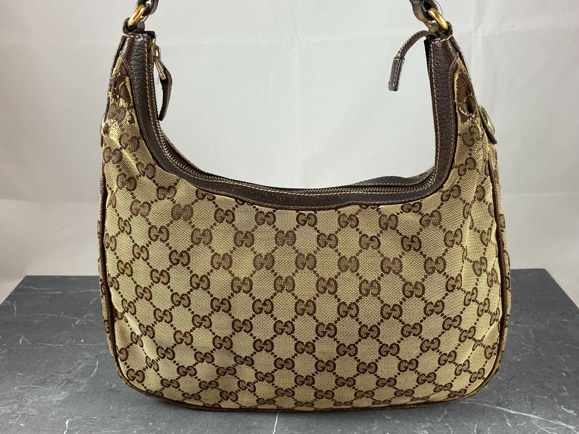 Gucci Hobo Bag Beige GG Monogram + Brown Leather