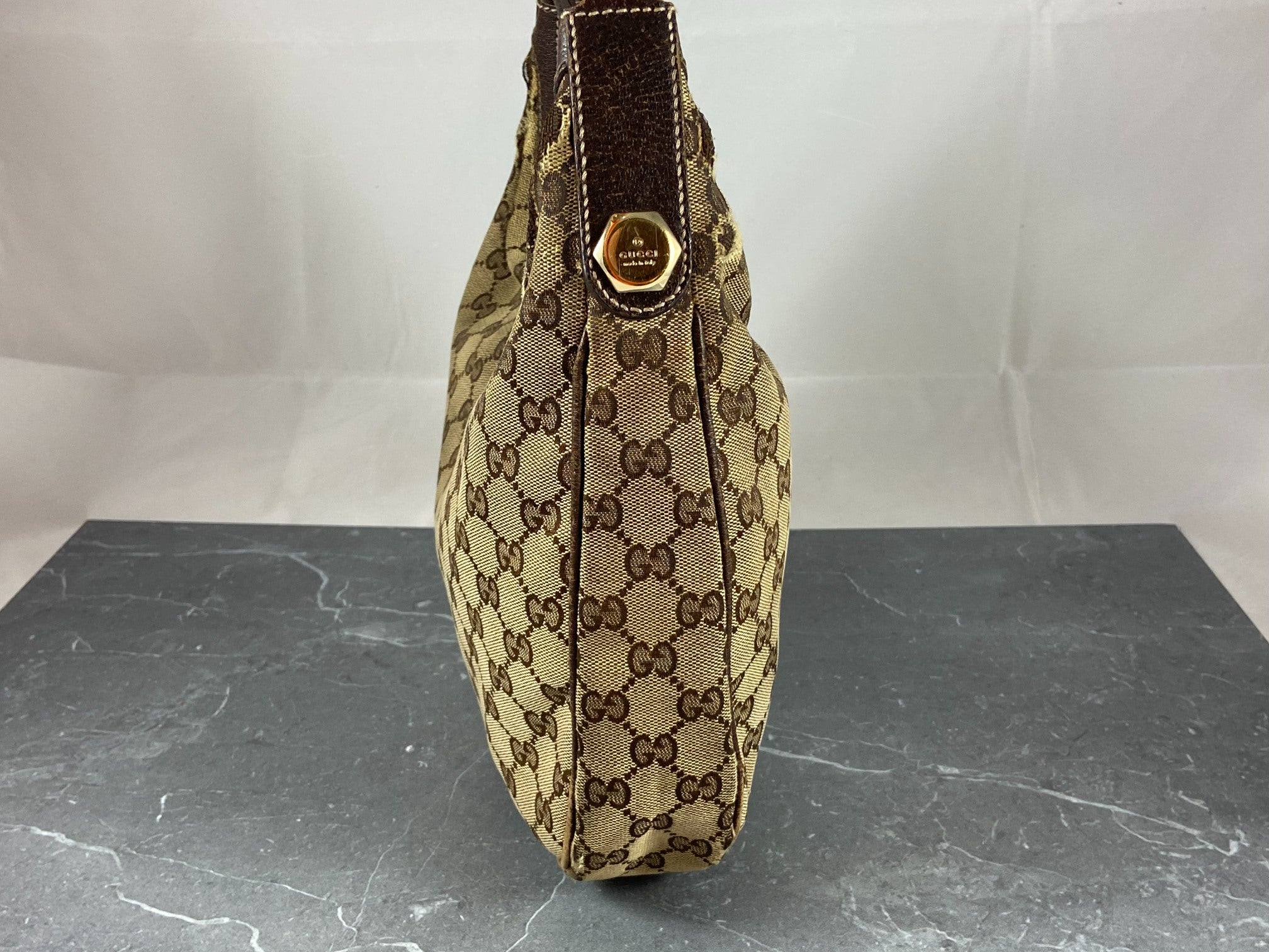 Gucci Hobo Bag Beige GG Monogram + Brown Leather