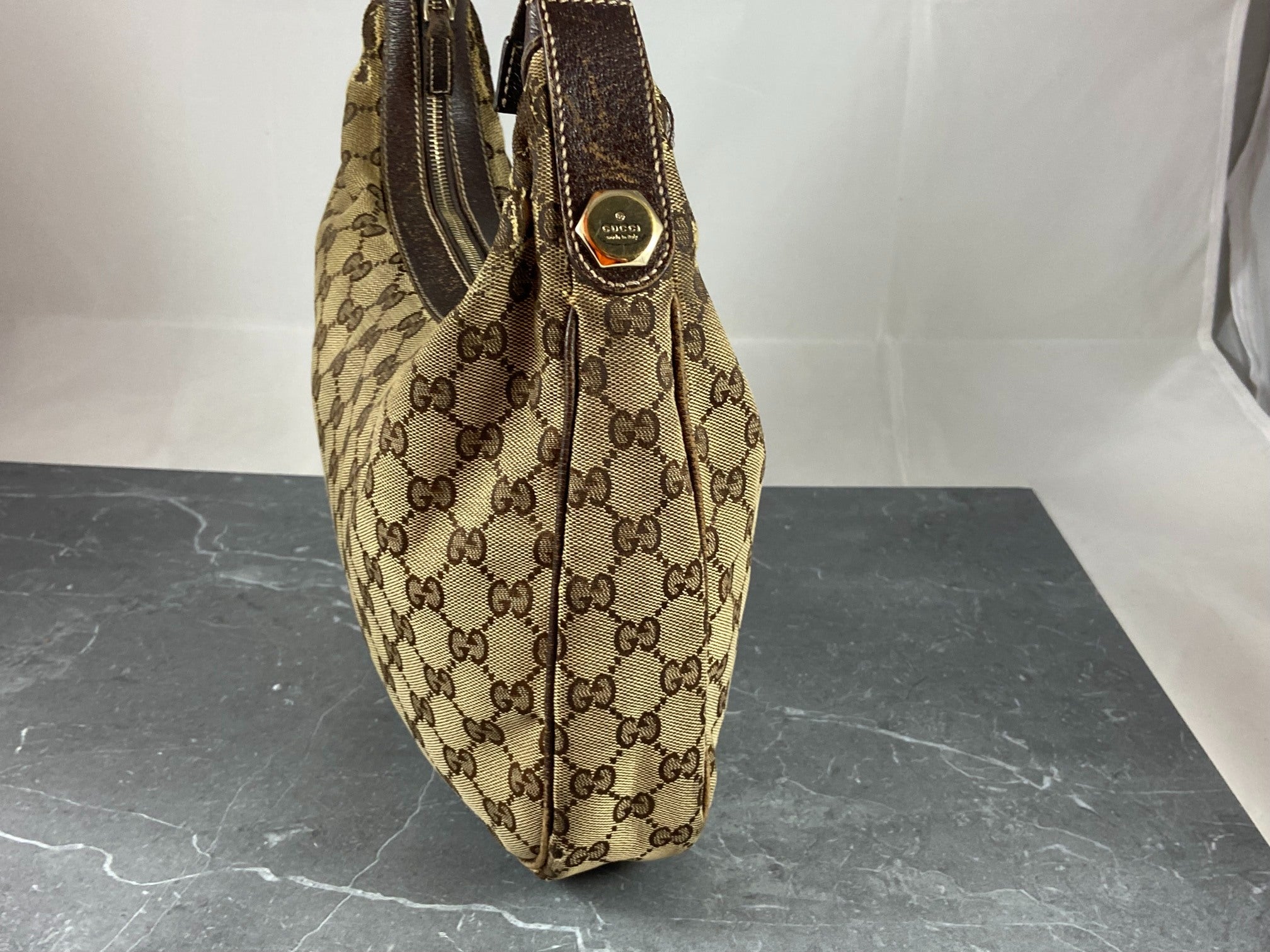 Gucci Hobo Bag Beige GG Monogram + Brown Leather