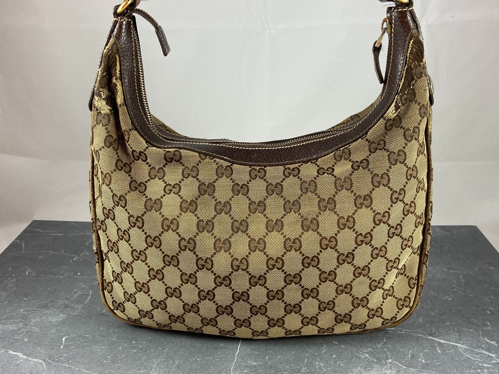 Gucci Hobo Bag Beige GG Monogram + Brown Leather