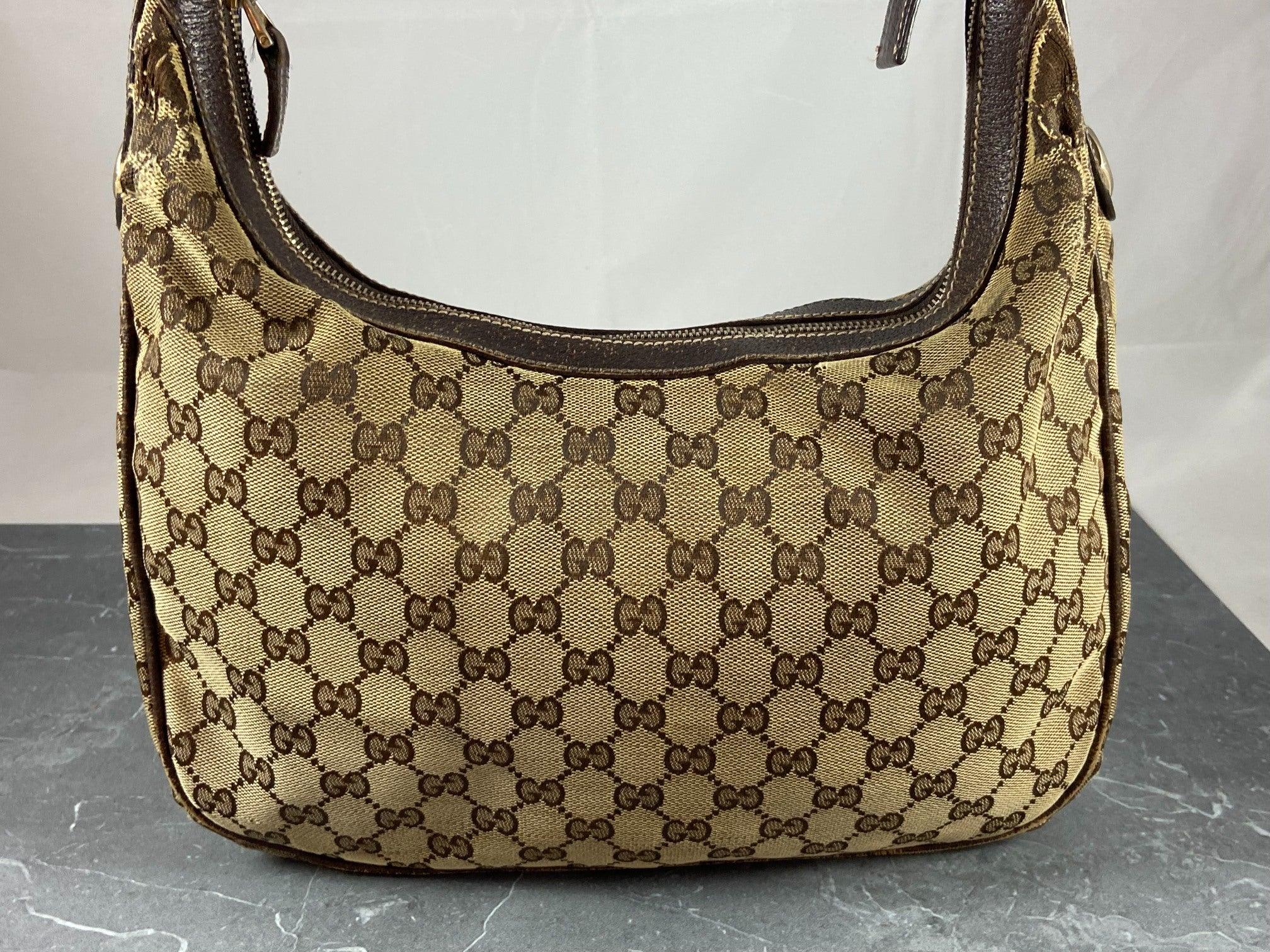 Gucci Hobo Bag Beige GG Monogram + Brown Leather