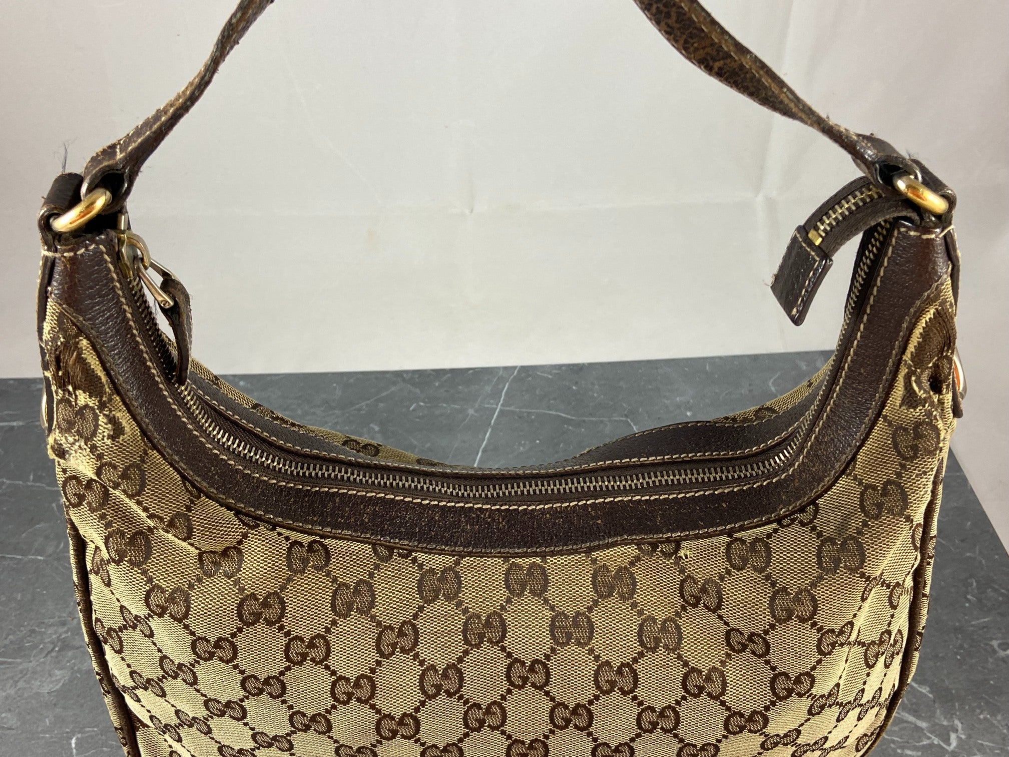 Gucci Hobo Bag Beige GG Monogram + Brown Leather