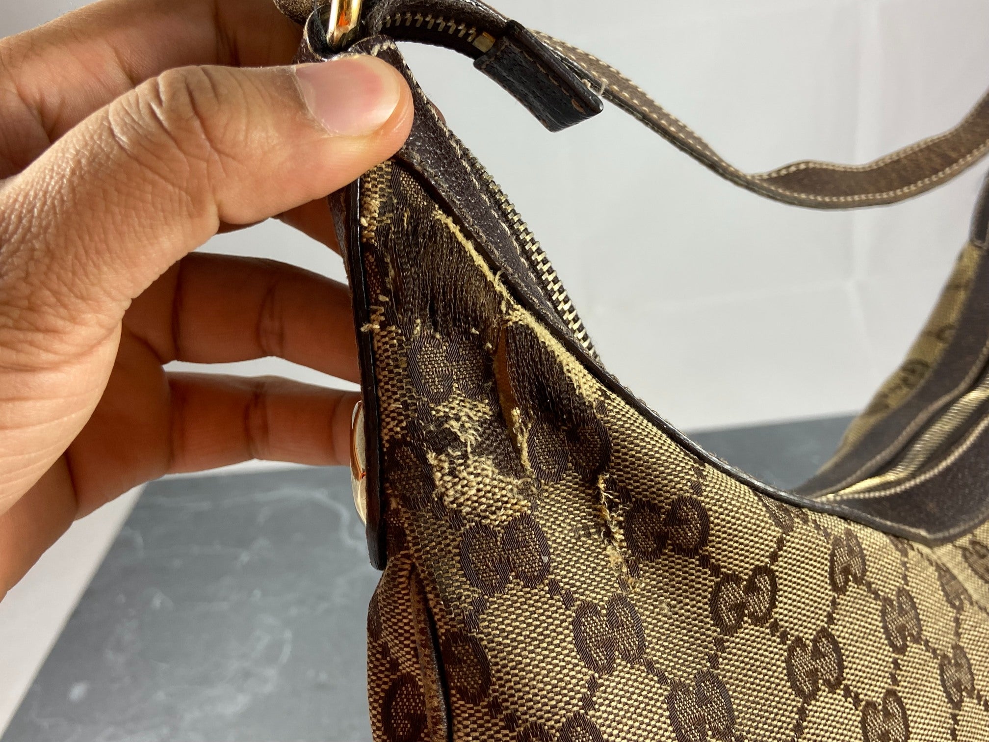 Gucci Hobo Bag Beige GG Monogram + Brown Leather