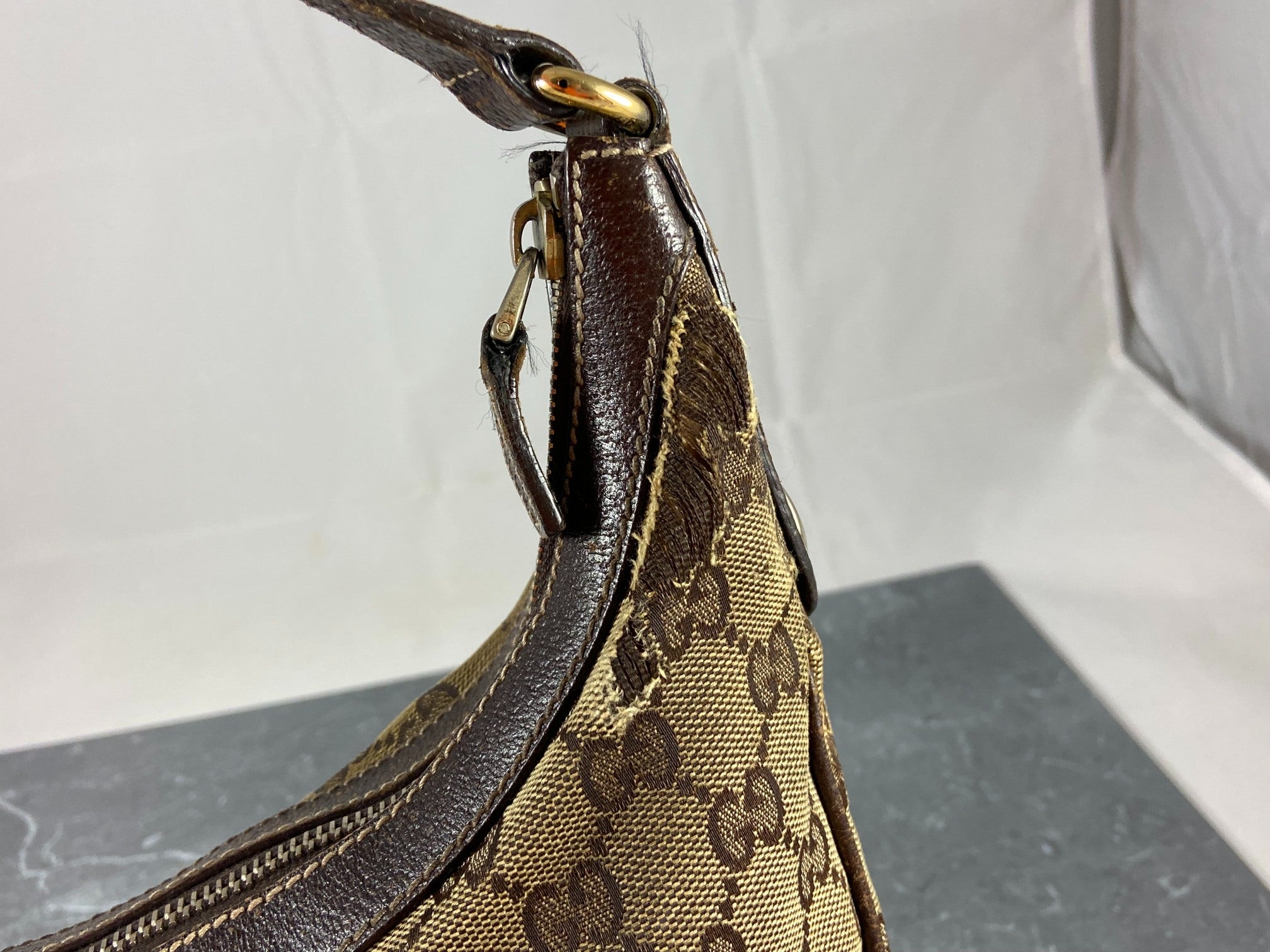 Gucci Hobo Bag Beige GG Monogram + Brown Leather