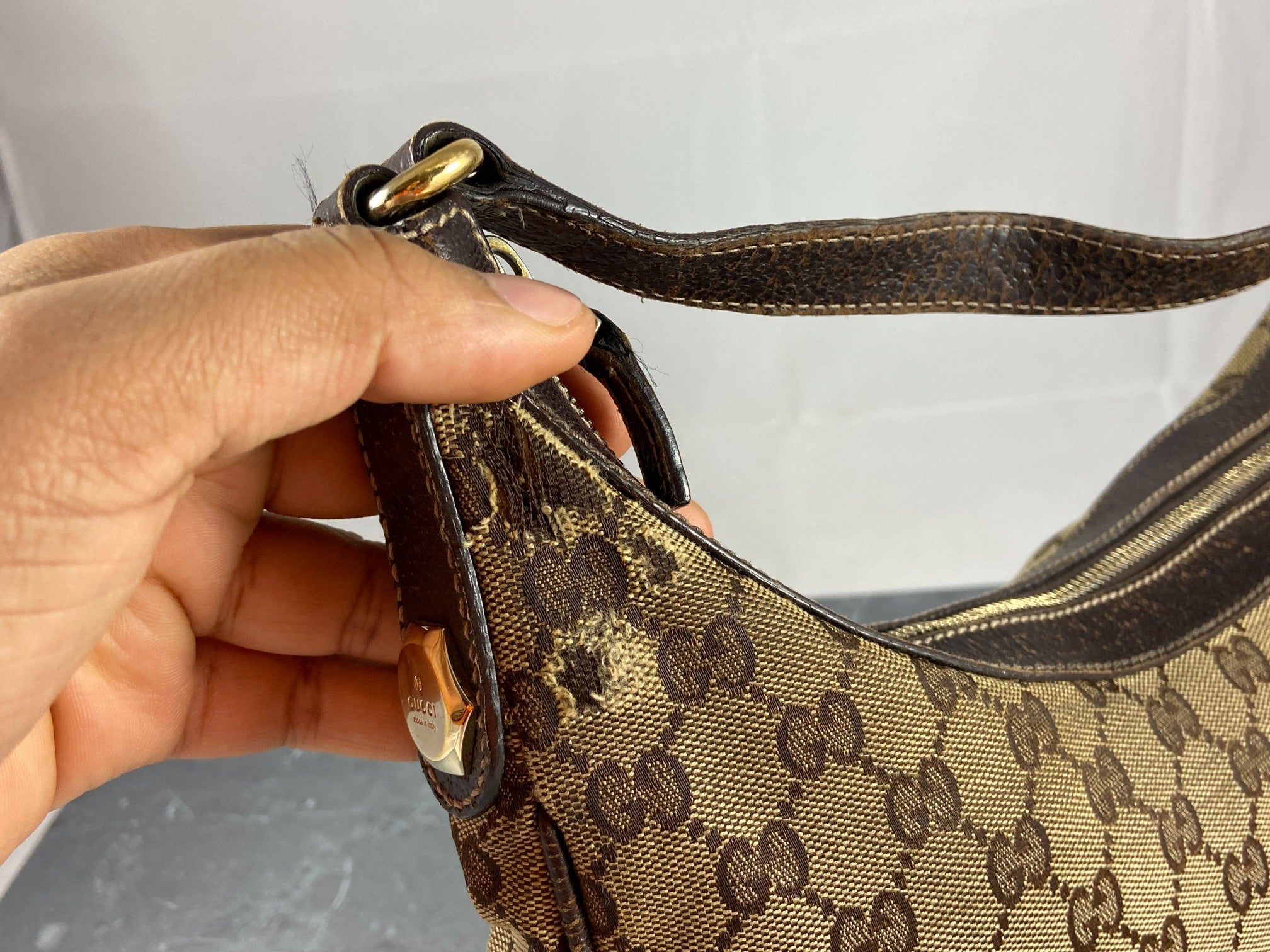Gucci Hobo Bag Beige GG Monogram + Brown Leather