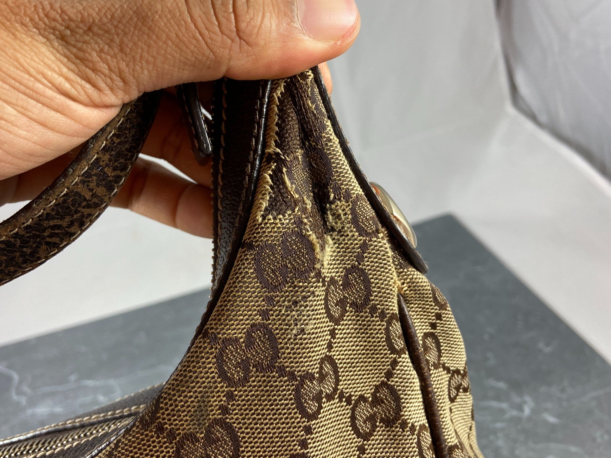 Gucci Hobo Bag Beige GG Monogram + Brown Leather