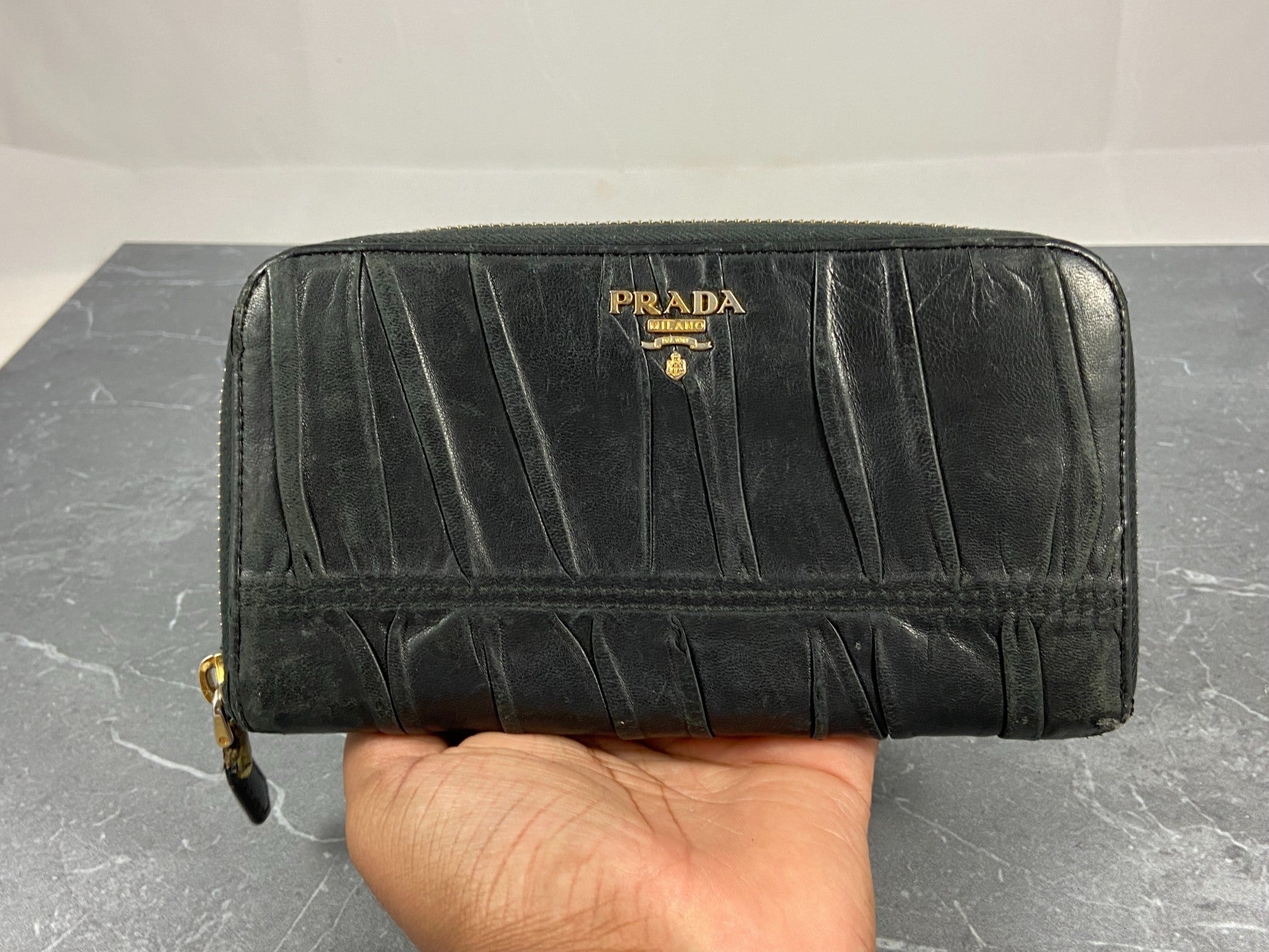 Prada Nappa Gauffre Long Zippy Wallet Black Leather
