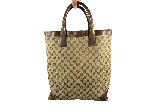 Gucci Hand / Tote Bag Beige GG Monogram + Brown Leather