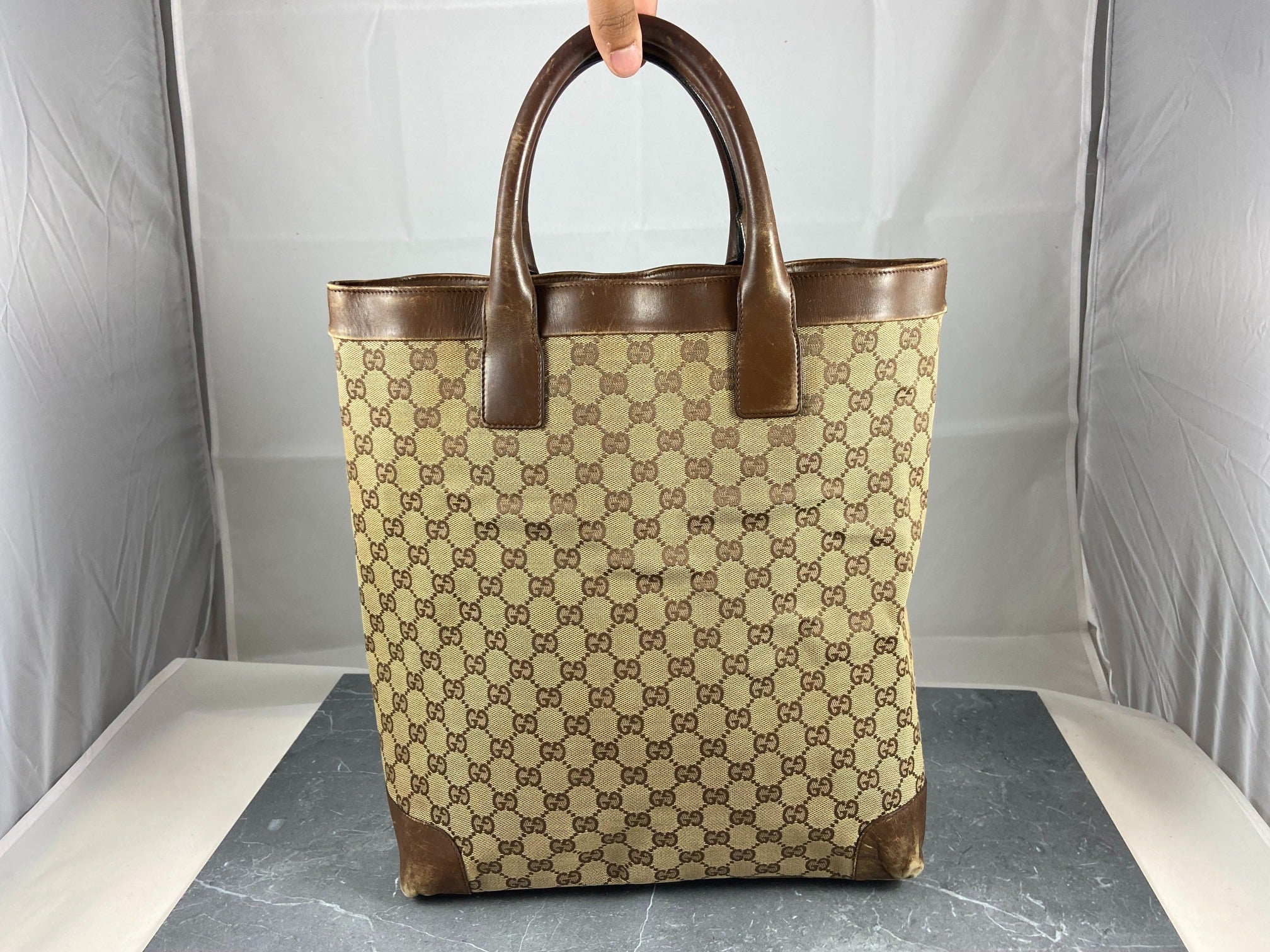 Gucci Hand / Tote Bag Beige GG Monogram + Brown Leather