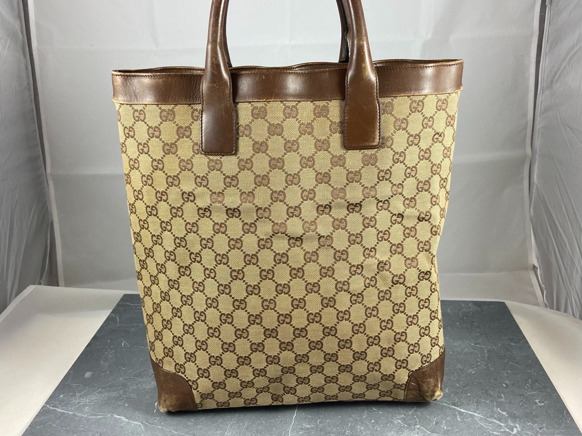Gucci Hand / Tote Bag Beige GG Monogram + Brown Leather