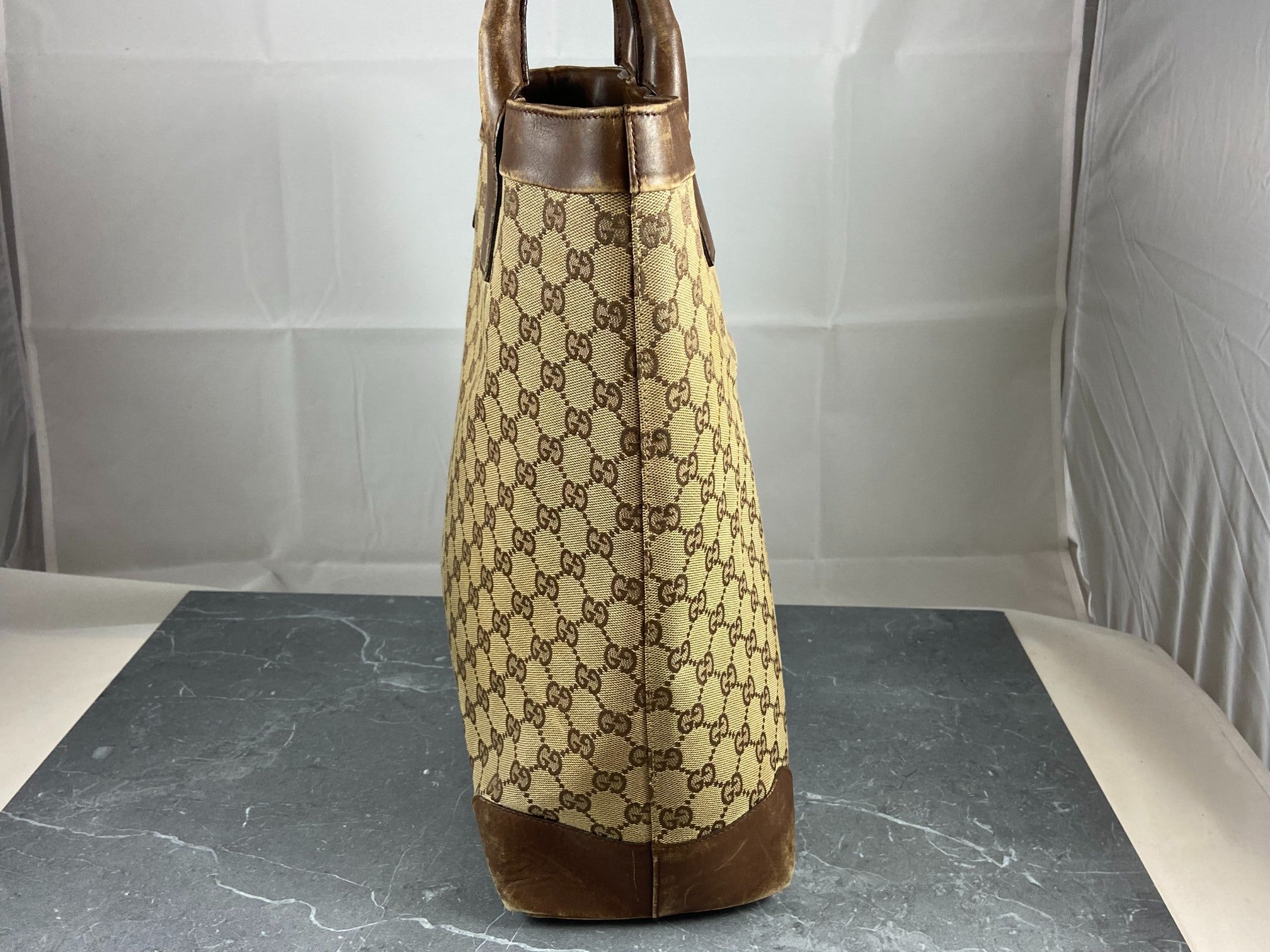 Gucci Hand / Tote Bag Beige GG Monogram + Brown Leather