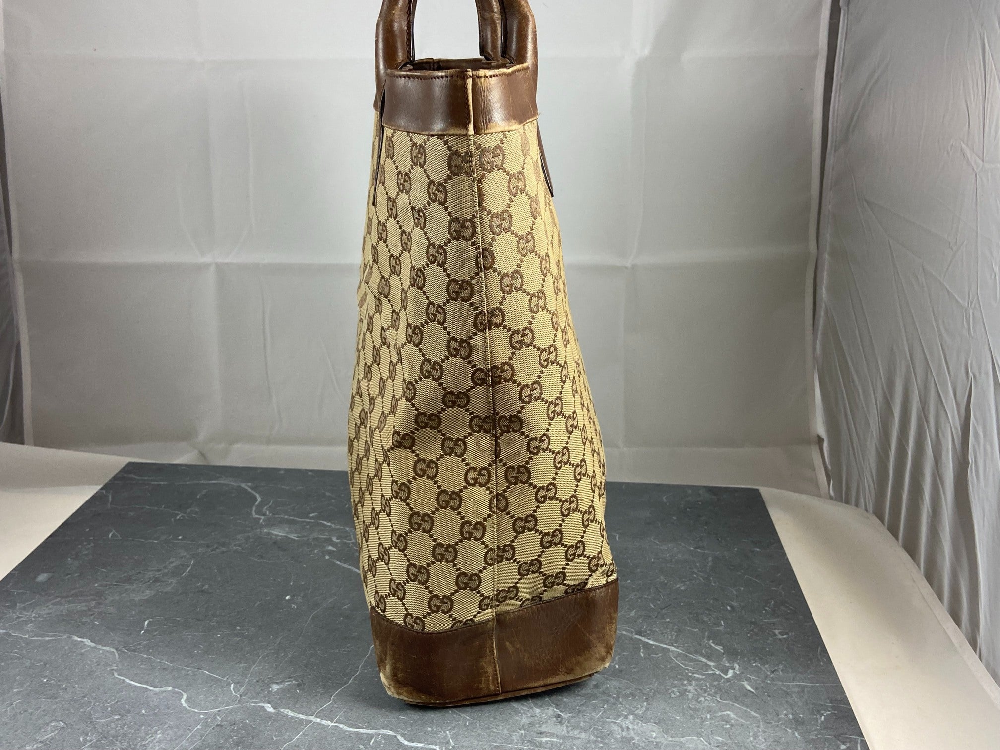 Gucci Hand / Tote Bag Beige GG Monogram + Brown Leather