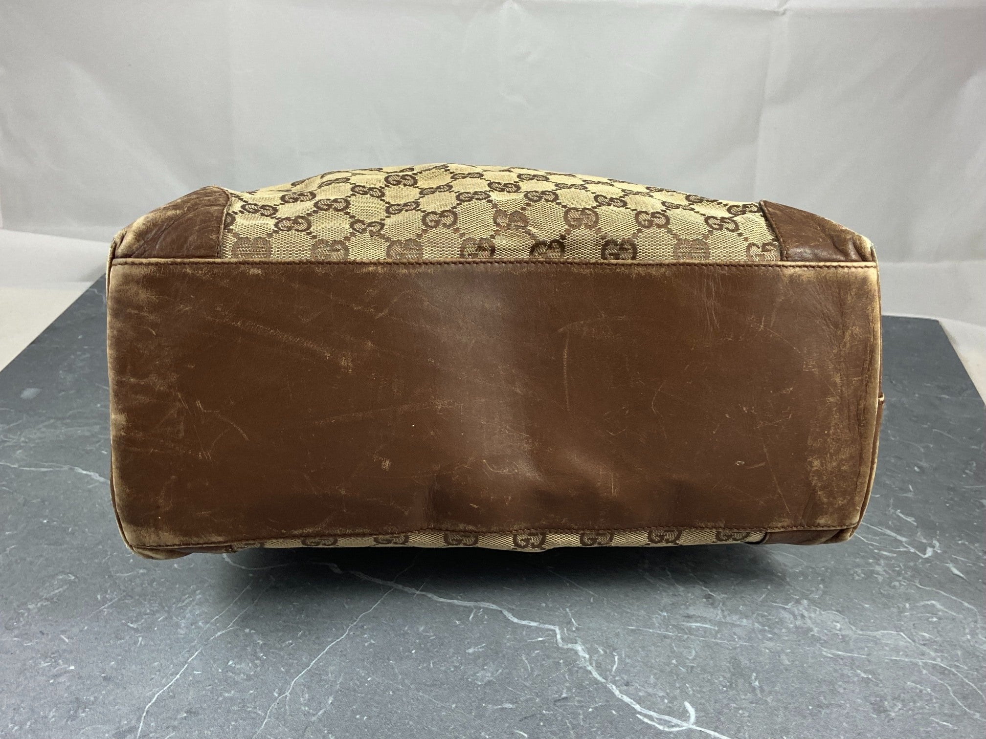 Gucci Hand / Tote Bag Beige GG Monogram + Brown Leather
