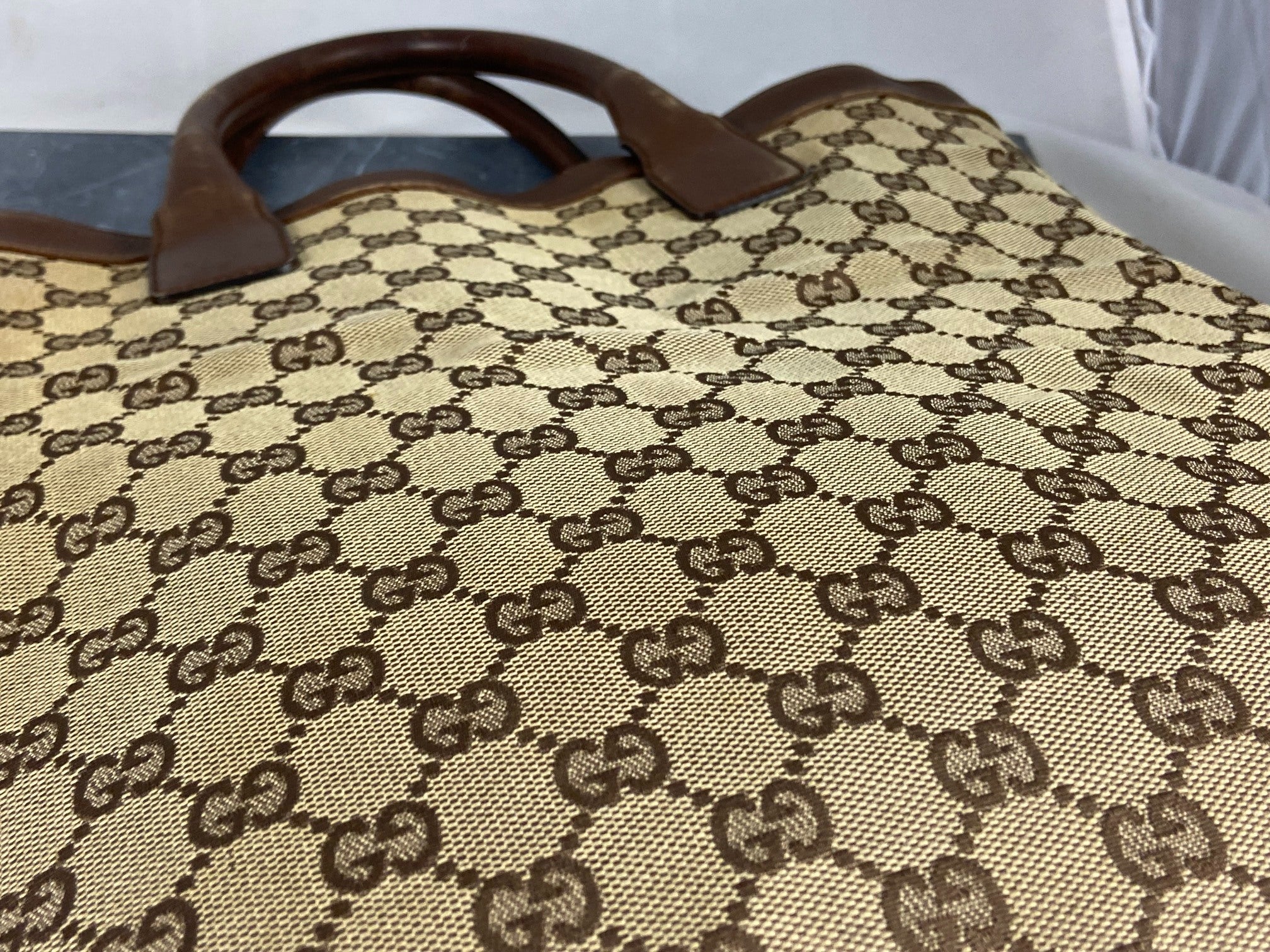 Gucci Hand / Tote Bag Beige GG Monogram + Brown Leather