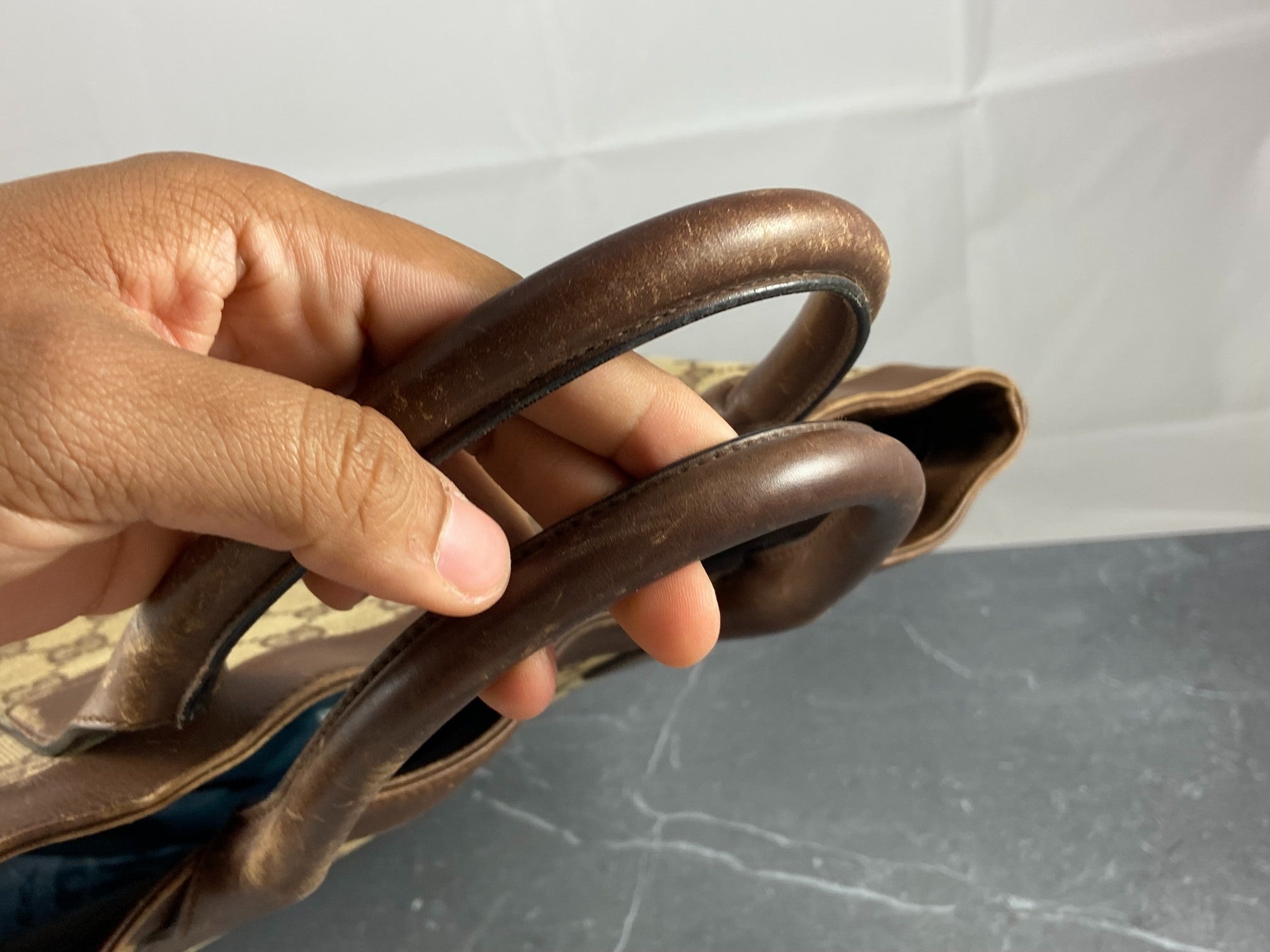 Gucci Hand / Tote Bag Beige GG Monogram + Brown Leather