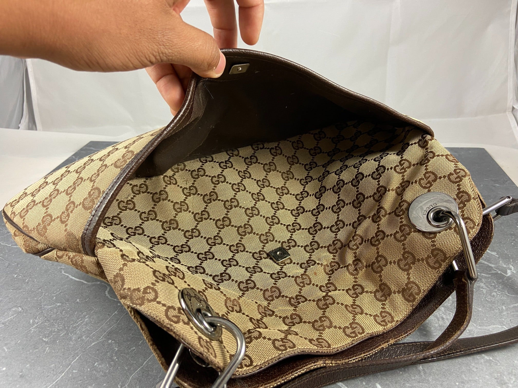 Gucci Hand / Hobo Bag Beige GG Monogram + Brown Leather