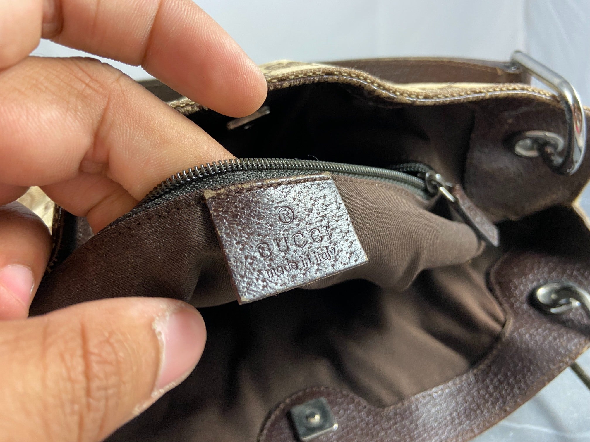 Gucci Hand / Hobo Bag Beige GG Monogram + Brown Leather