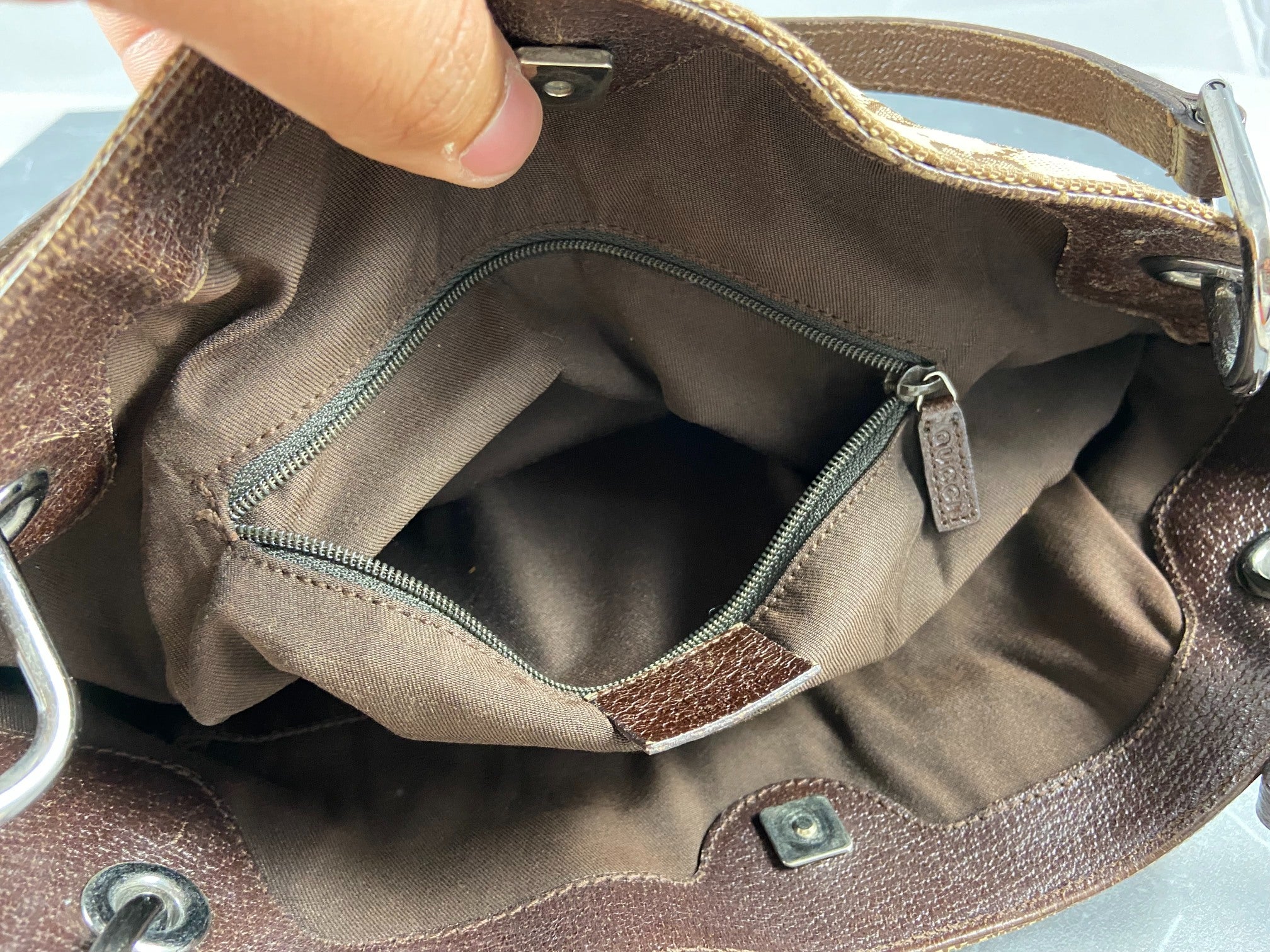 Gucci Hand / Hobo Bag Beige GG Monogram + Brown Leather