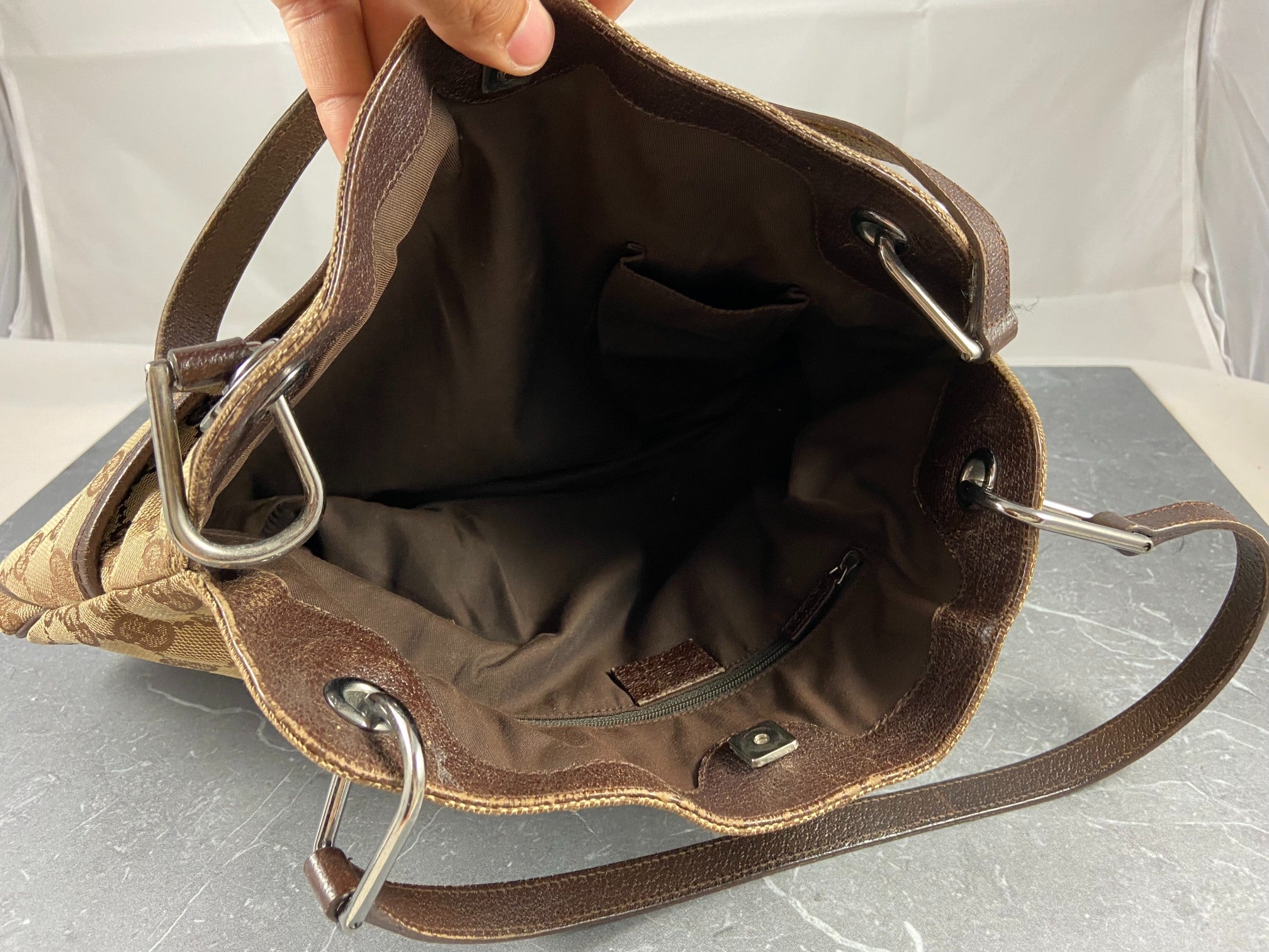 Gucci Hand / Hobo Bag Beige GG Monogram + Brown Leather