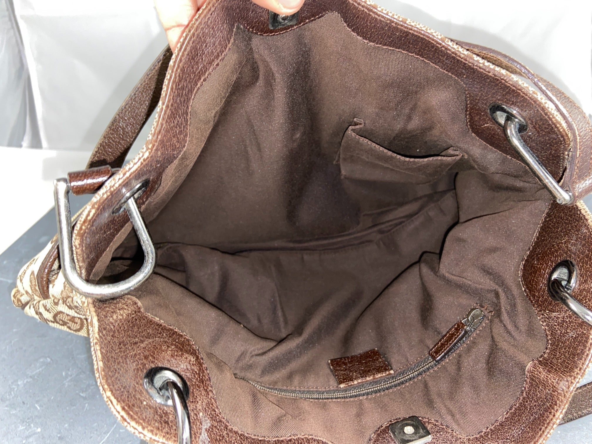 Gucci Hand / Hobo Bag Beige GG Monogram + Brown Leather