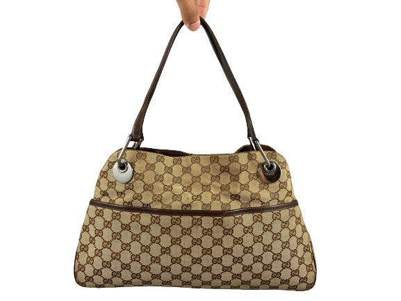 Gucci Hand / Hobo Bag Beige GG Monogram + Brown Leather