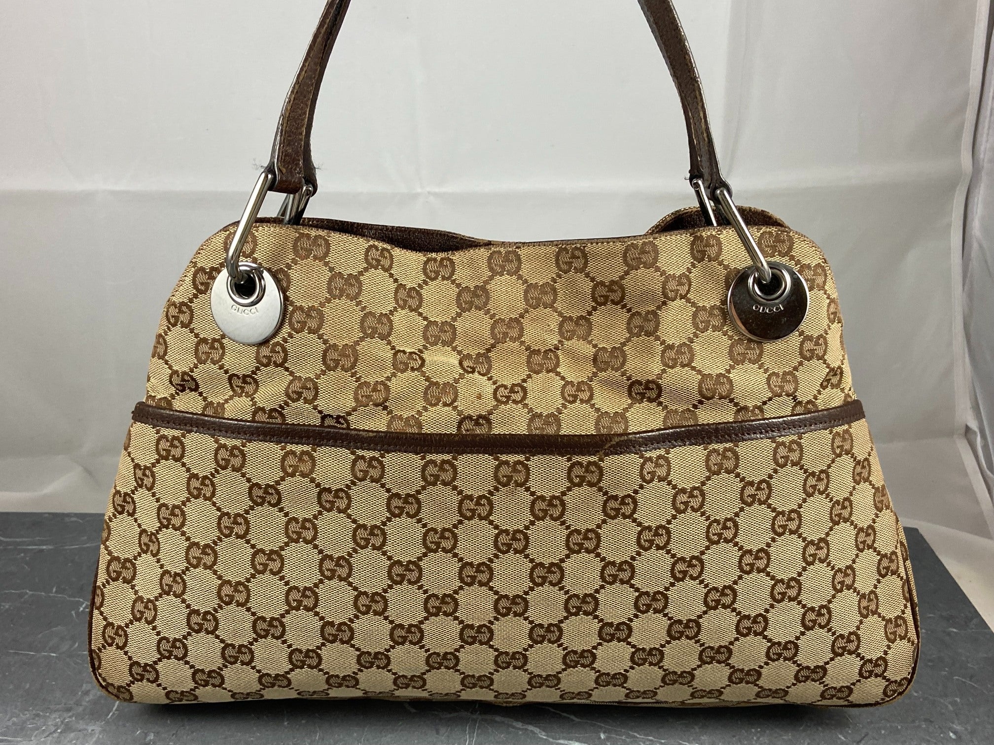 Gucci Hand / Hobo Bag Beige GG Monogram + Brown Leather