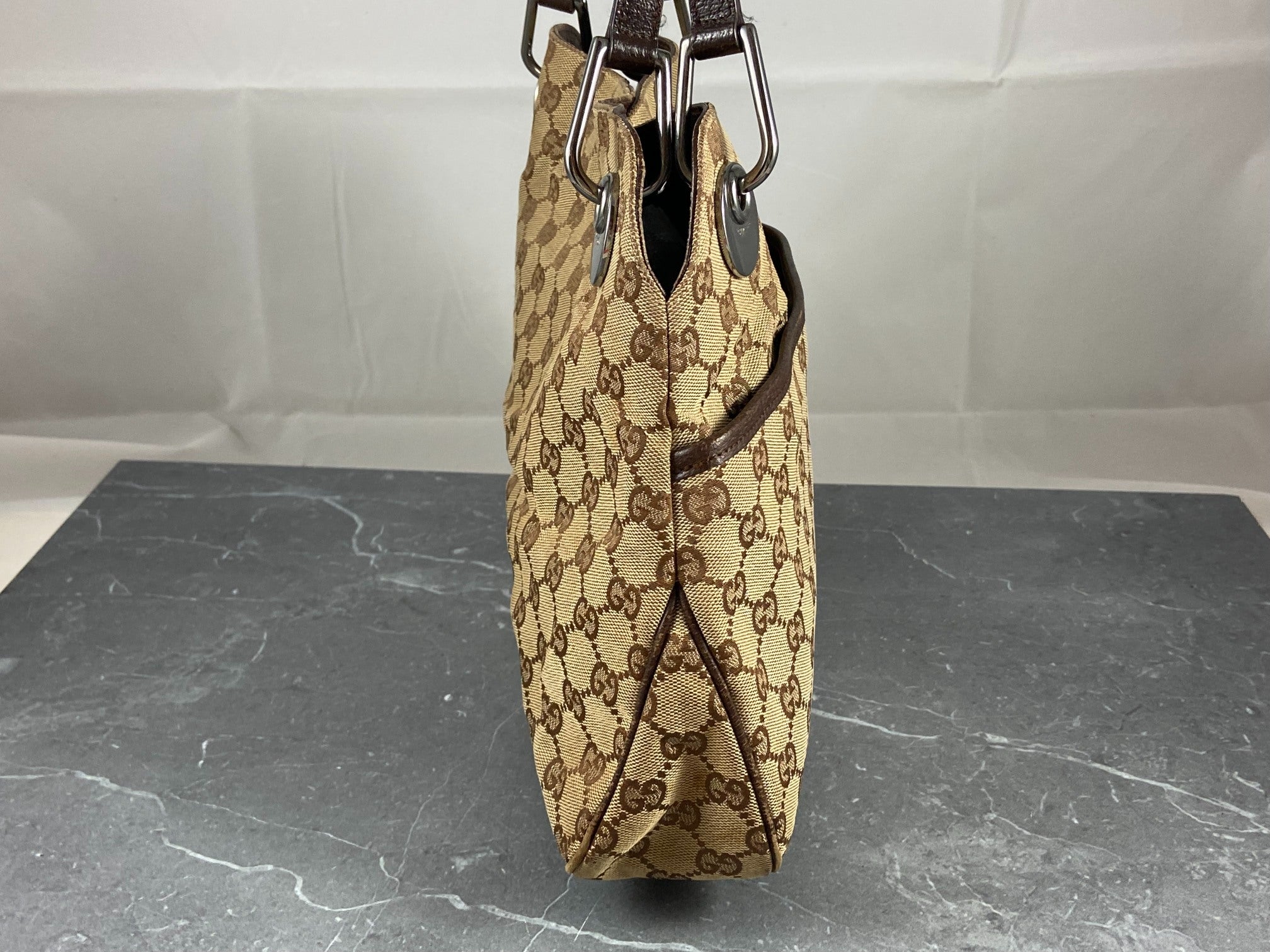 Gucci Hand / Hobo Bag Beige GG Monogram + Brown Leather
