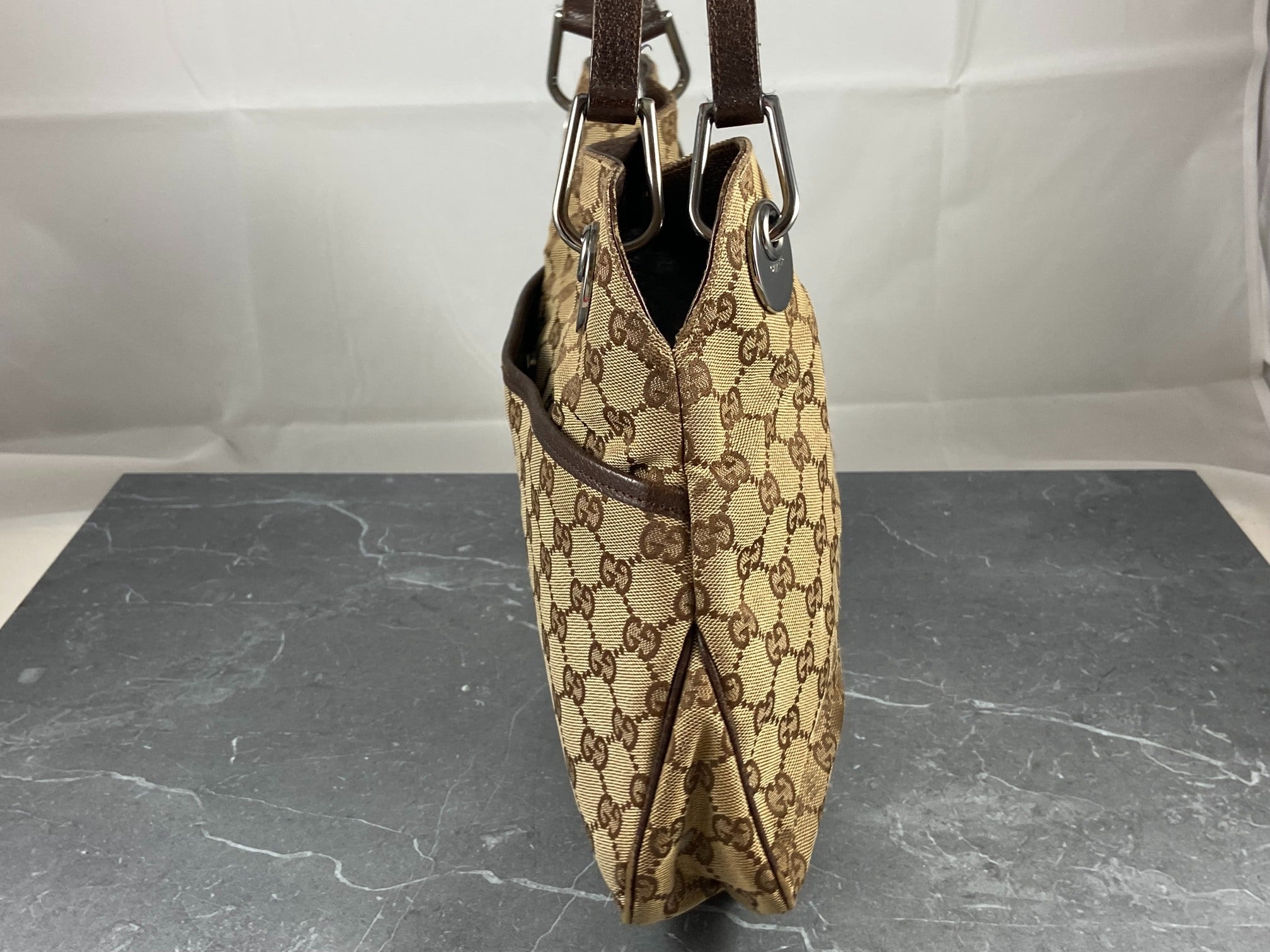 Gucci Hand / Hobo Bag Beige GG Monogram + Brown Leather