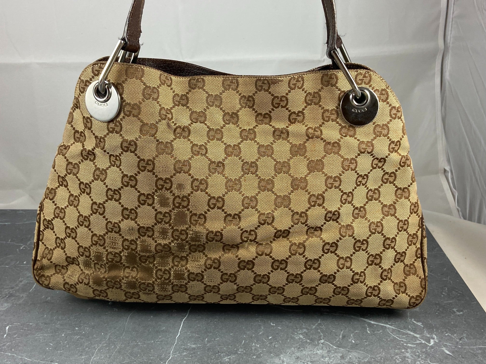 Gucci Hand / Hobo Bag Beige GG Monogram + Brown Leather