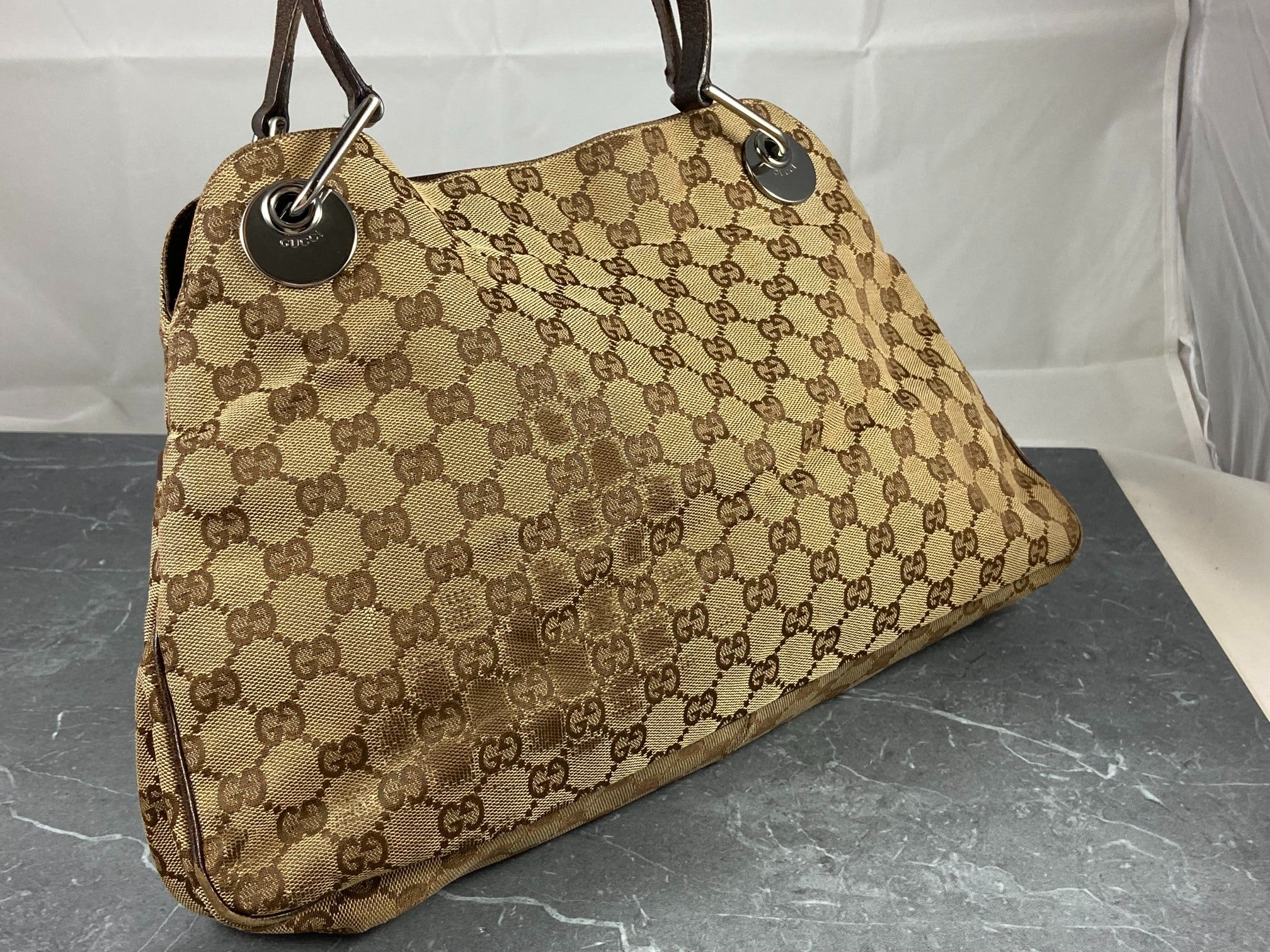 Gucci Hand / Hobo Bag Beige GG Monogram + Brown Leather