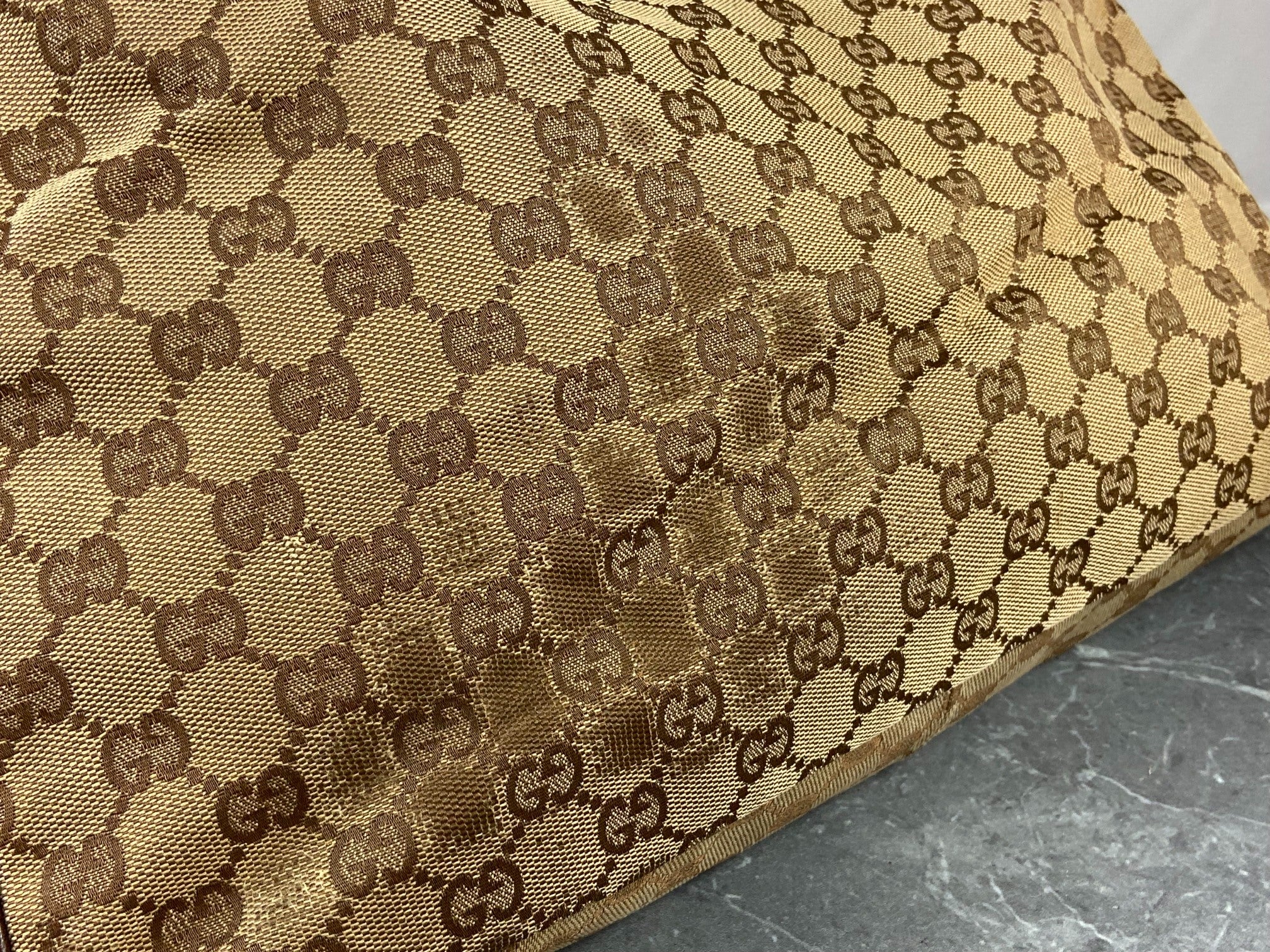 Gucci Hand / Hobo Bag Beige GG Monogram + Brown Leather