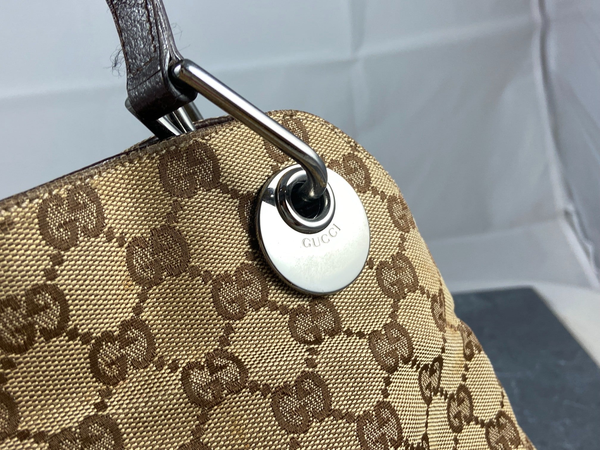 Gucci Hand / Hobo Bag Beige GG Monogram + Brown Leather