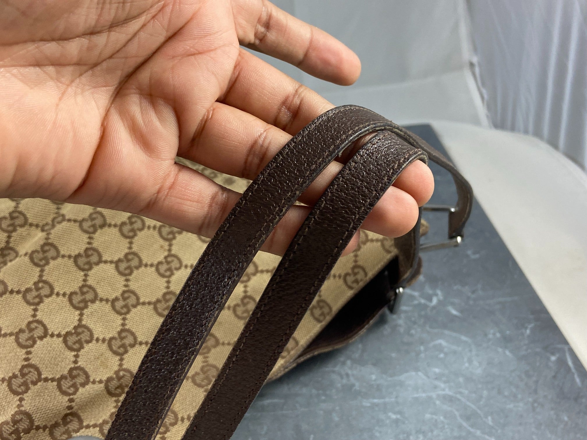 Gucci Hand / Hobo Bag Beige GG Monogram + Brown Leather