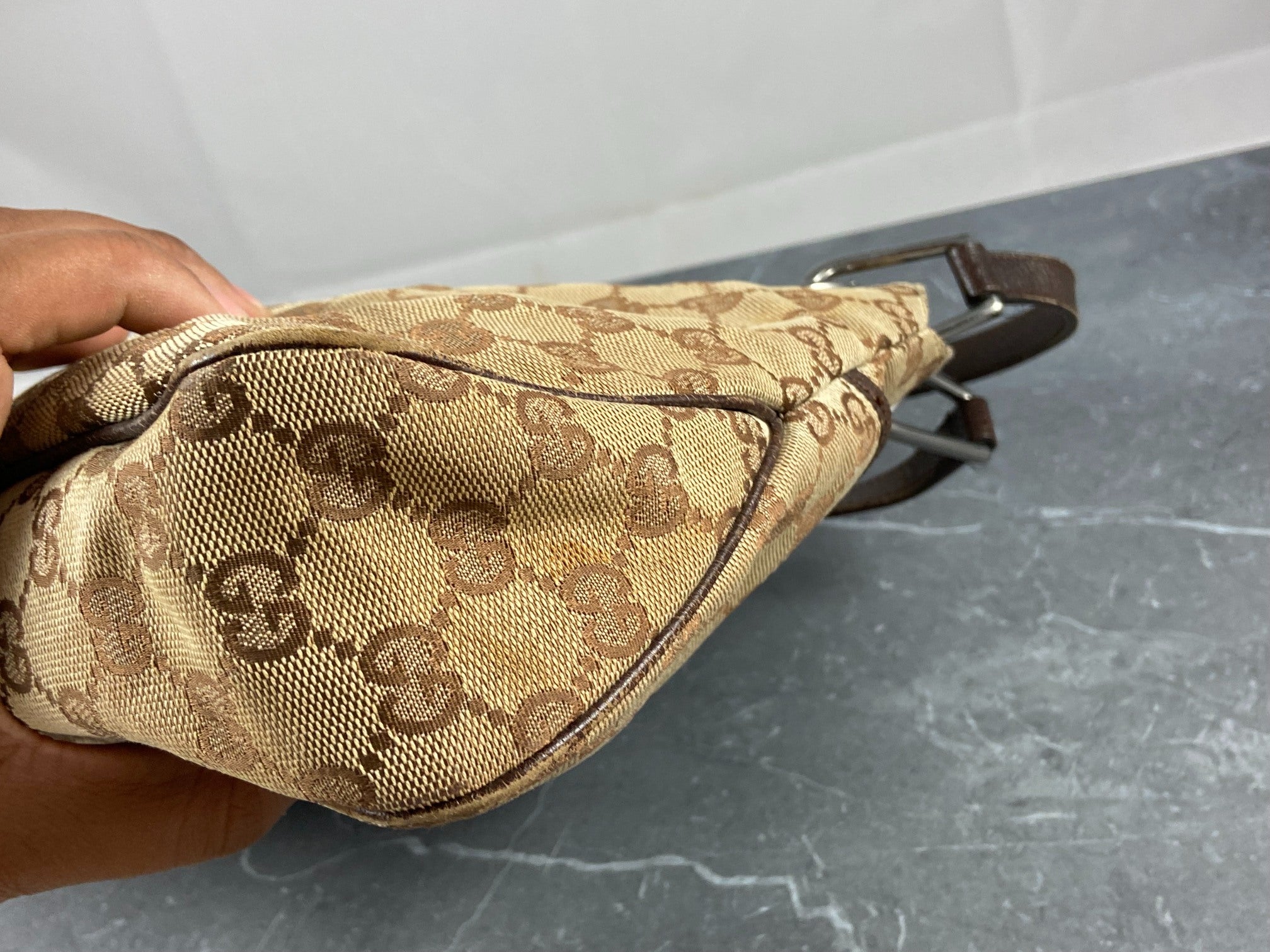 Gucci Hand / Hobo Bag Beige GG Monogram + Brown Leather