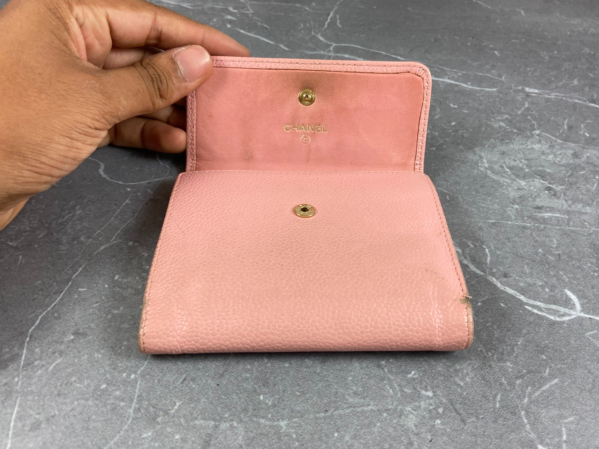 Chanel CC Compact Wallet Pink Caviar Leather