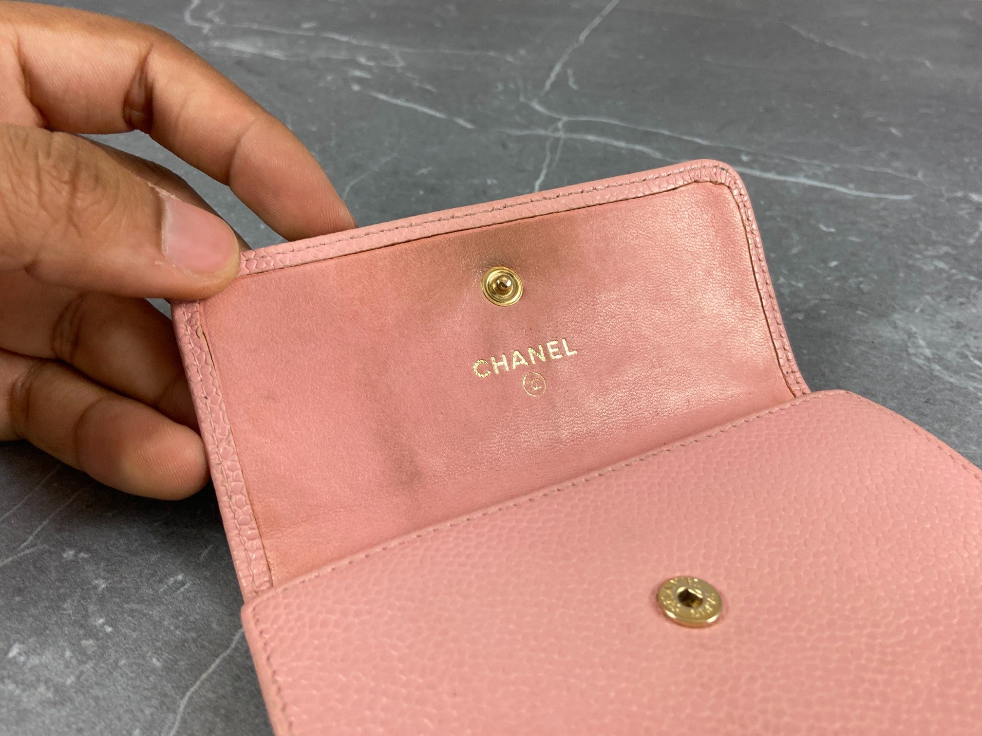 Chanel CC Compact Wallet Pink Caviar Leather