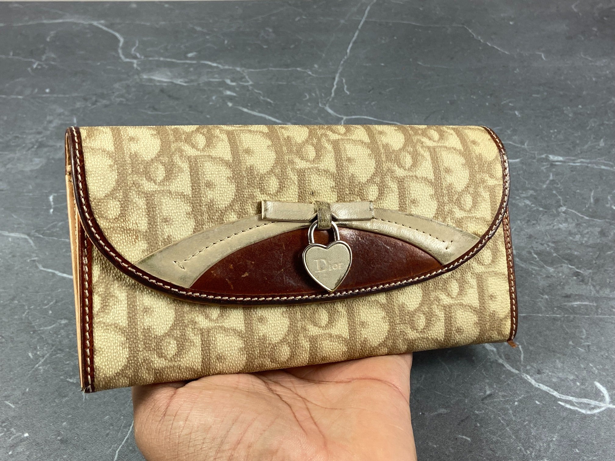 Christian Dior Heart Long Wallet beige Trotter Monogram
