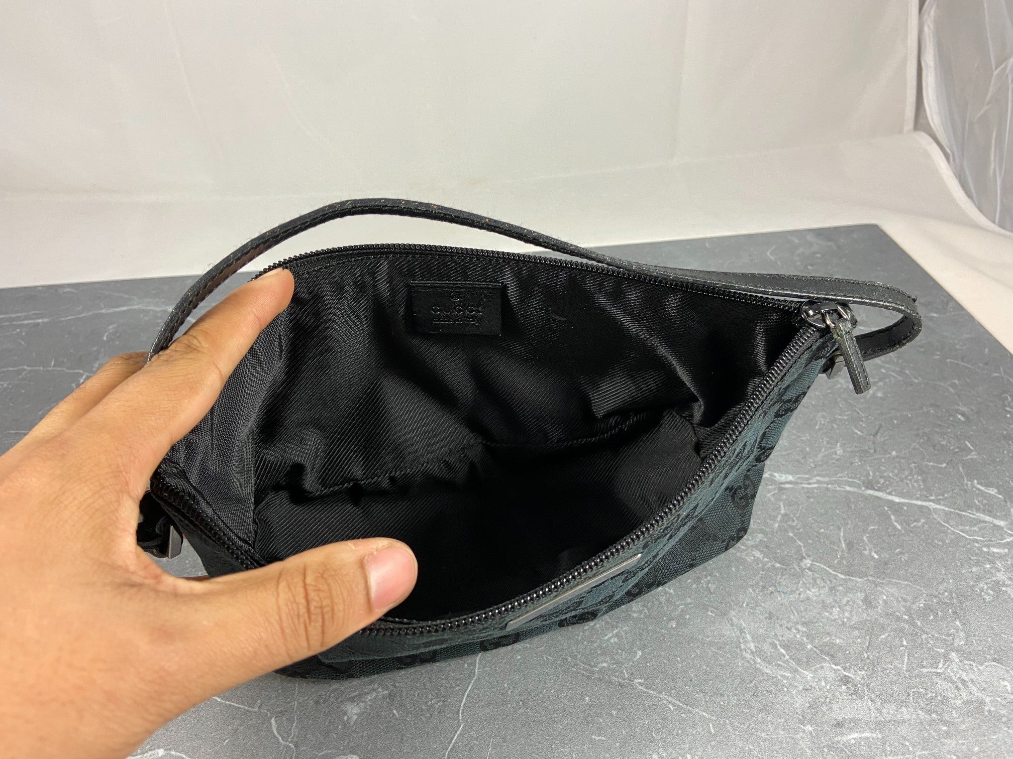 Gucci Banana Boat Accessory Pouch Black GG Monogram